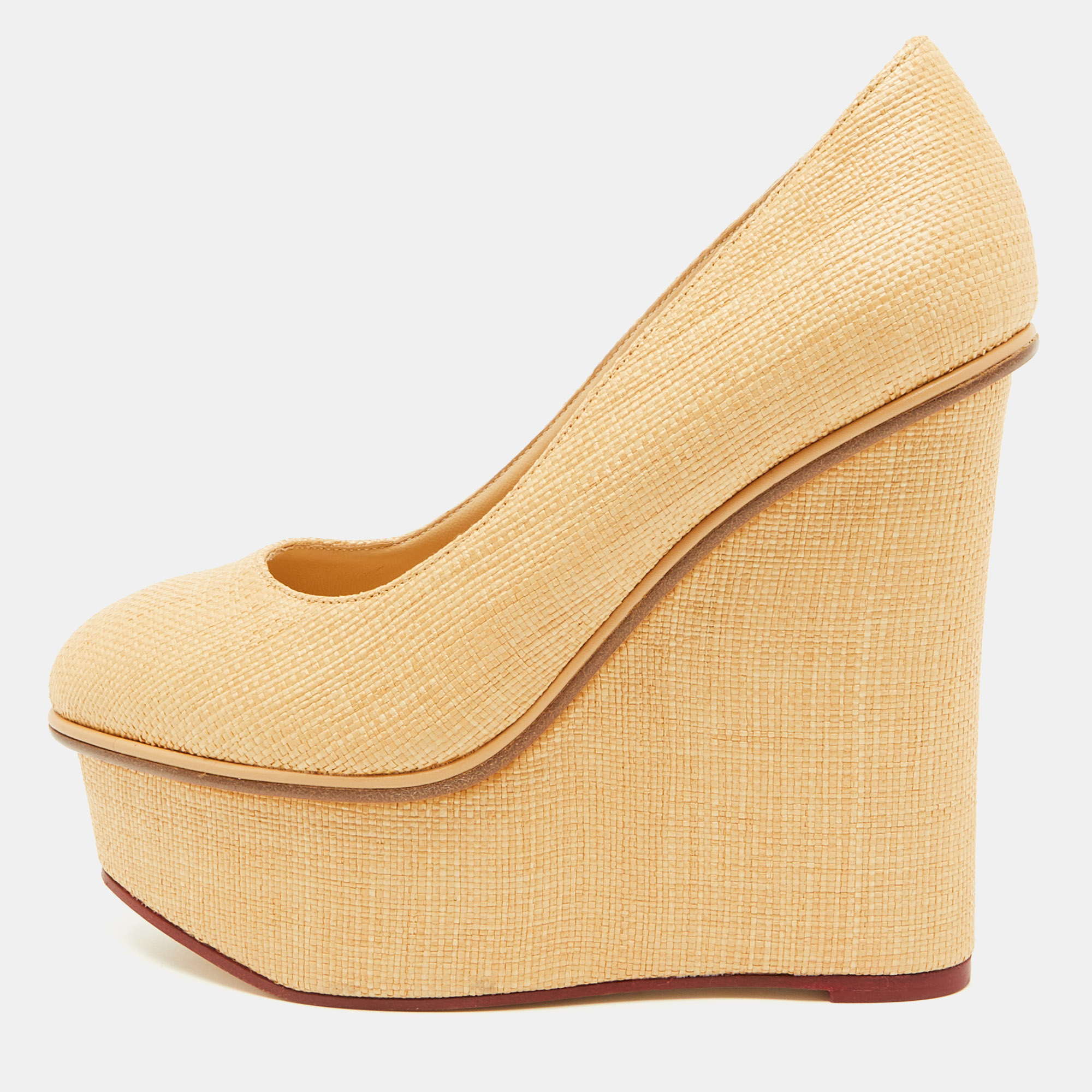 

Charlotte Olympia Beige Raffia Carmen Platform Wedge Pumps Size