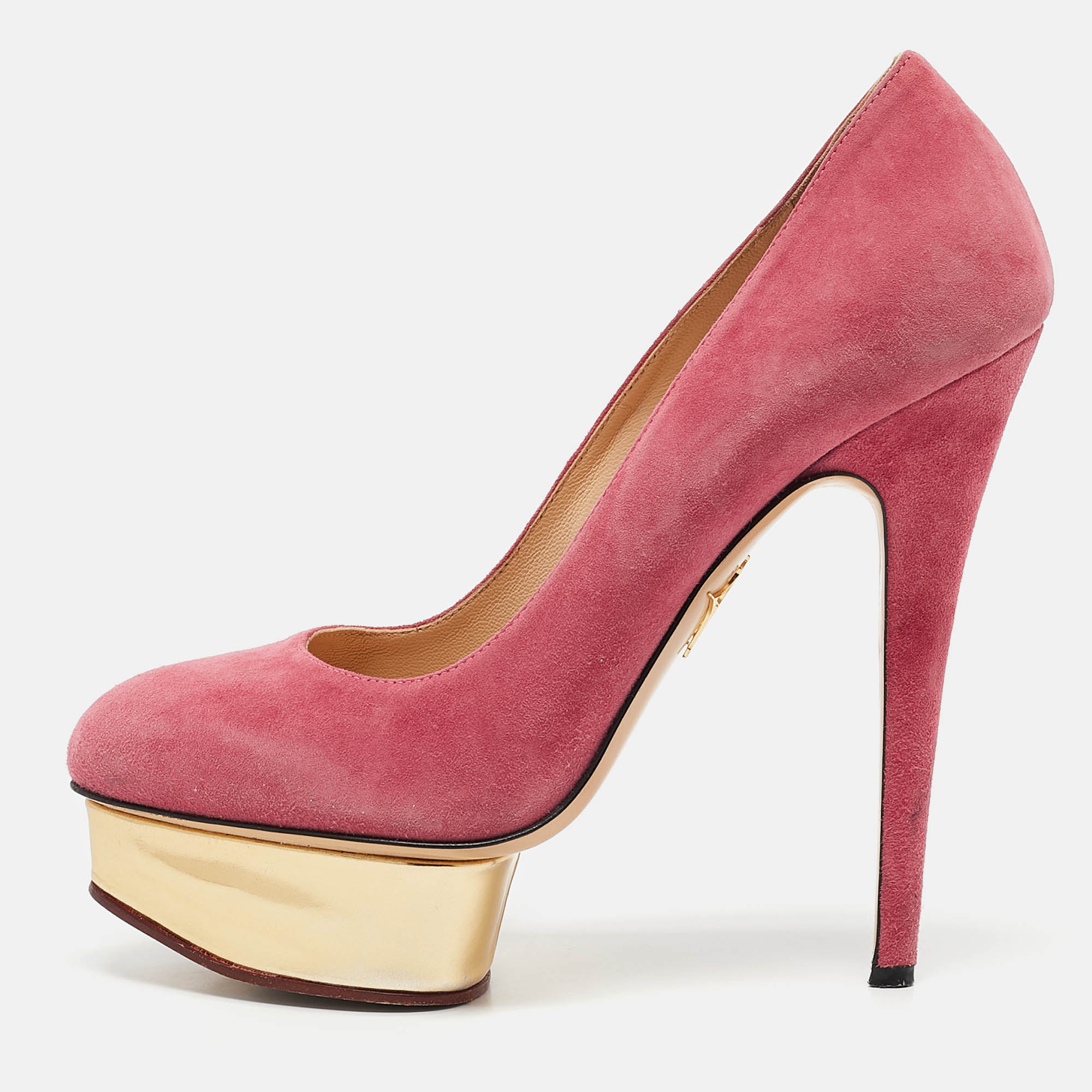 

Charlotte Olympia Pink Suede Dolly Platform Pumps Size