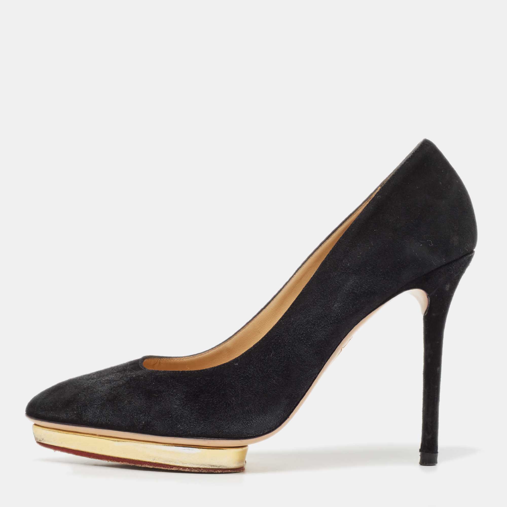 

Charlotte Olympia Black Suede Dolly Platform Pumps Size