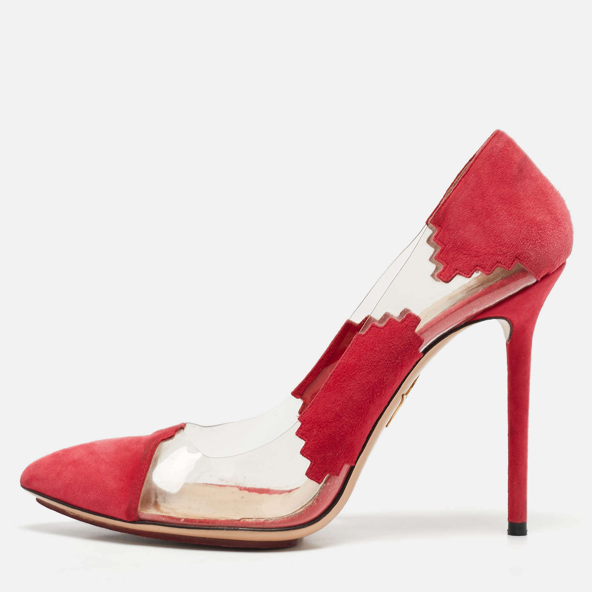 

Charlotte Olympia Pink/Transparent PVC and Suede Montana Pumps Size