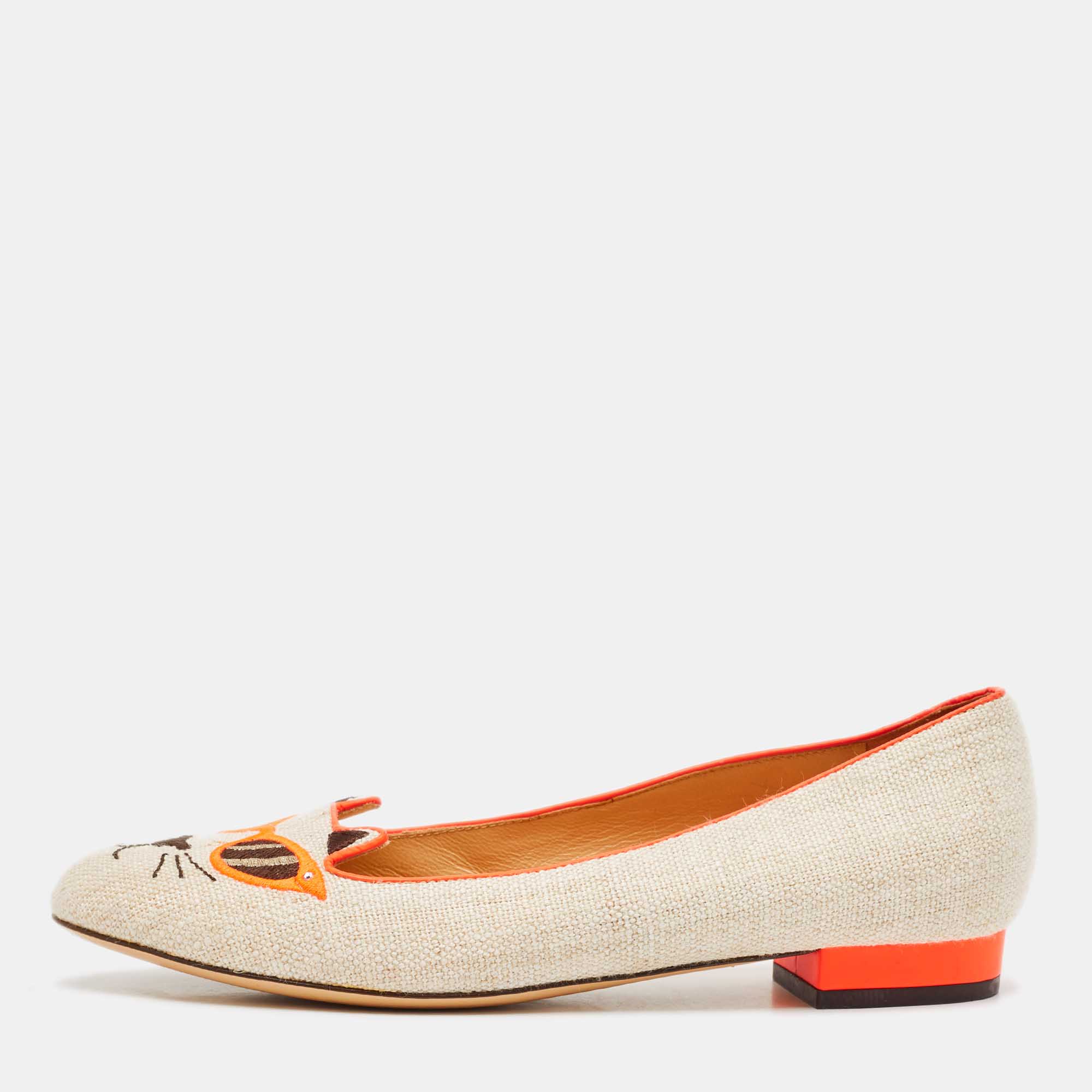 

Charlotte Olympia Beige/Orange Canvas Cat Ballet Flats Size