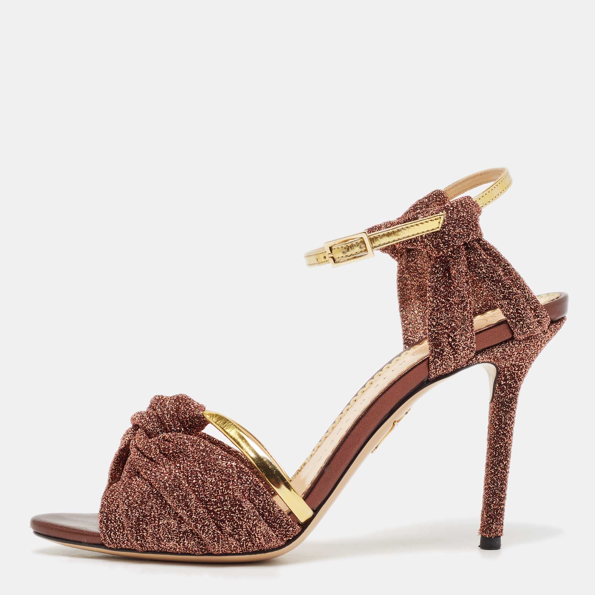 

Charlotte Olympia Metallic Leather and Lurex Fabric Ankle Strap Sandals Size