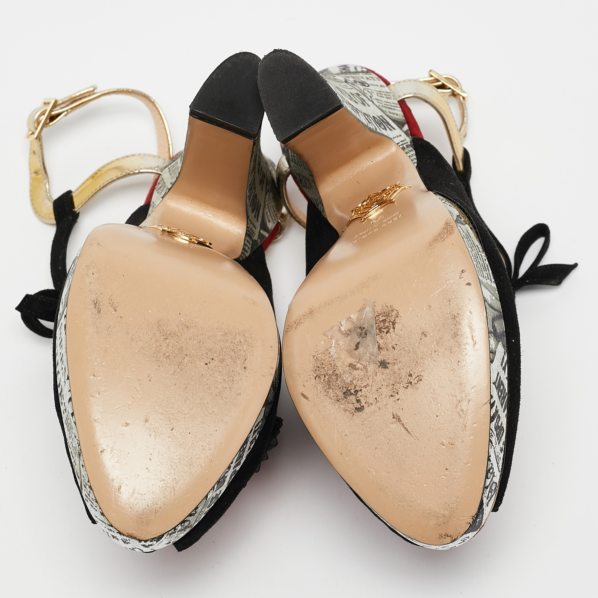 Charlotte Olympia Red/Gold Suede And Leather Love Ankle Strap Sandals Size 39 