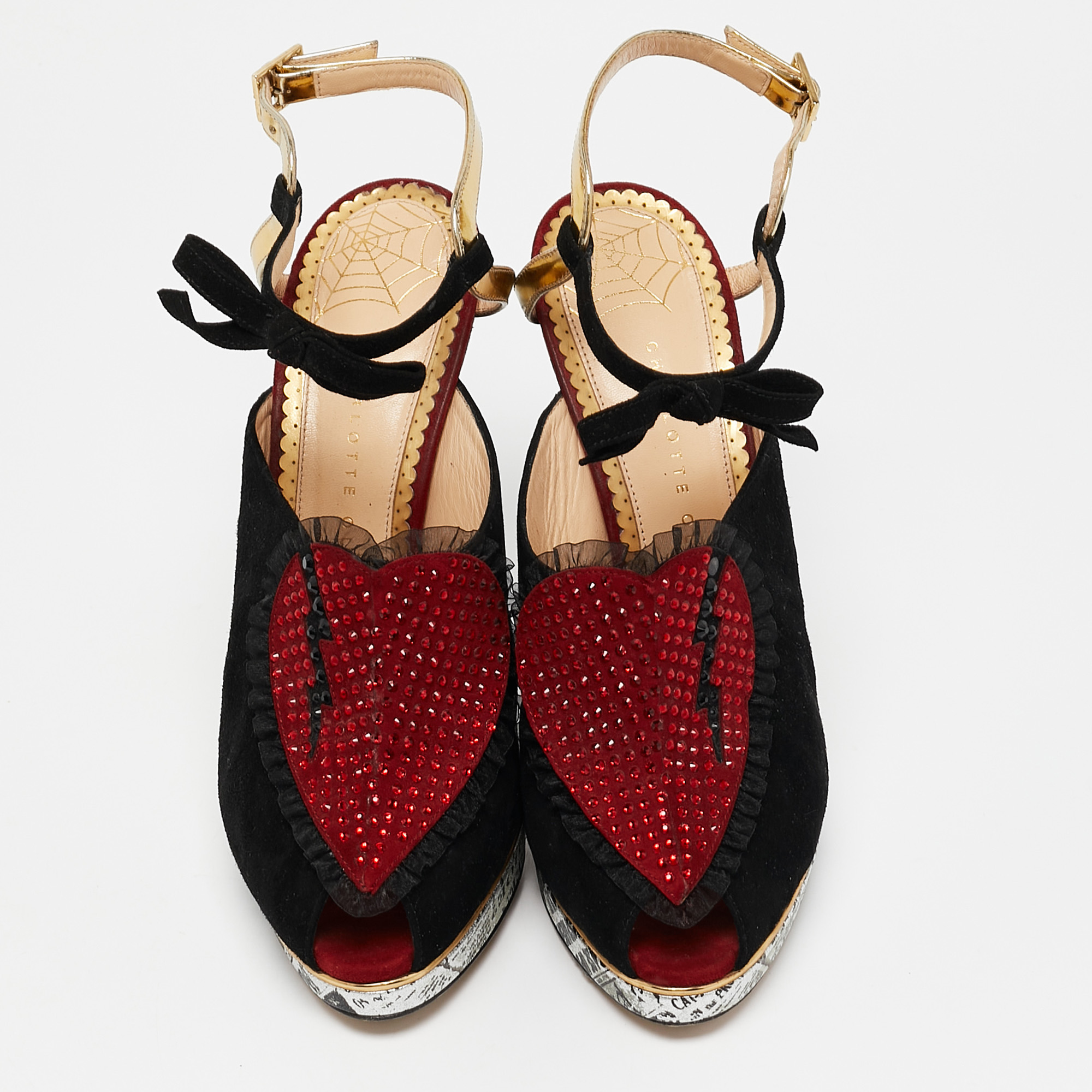 Charlotte Olympia Red/Gold Suede And Leather Love Ankle Strap Sandals Size 39 