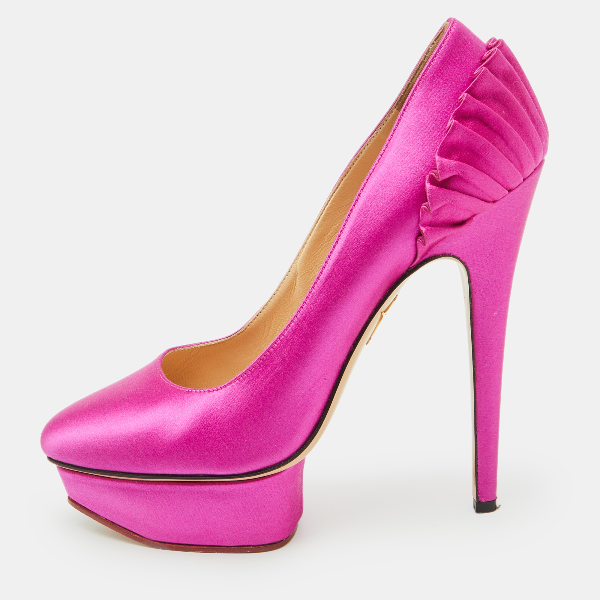 

Charlotte Olympia Pink Satin Paloma Platform Pumps Size