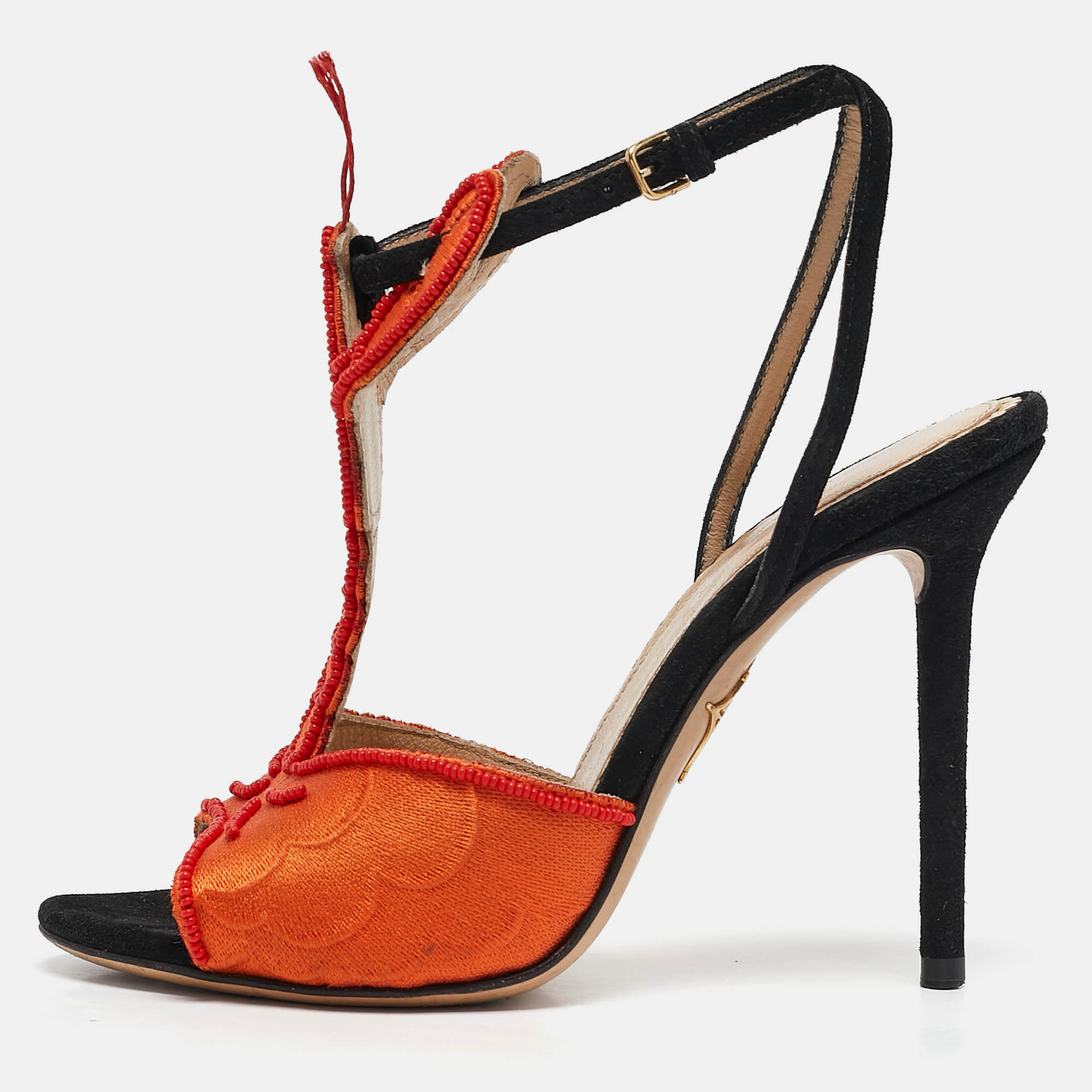 

Charlotte Olympia Orange/Black Fabric and Suede Ankle Strap Sandals Size