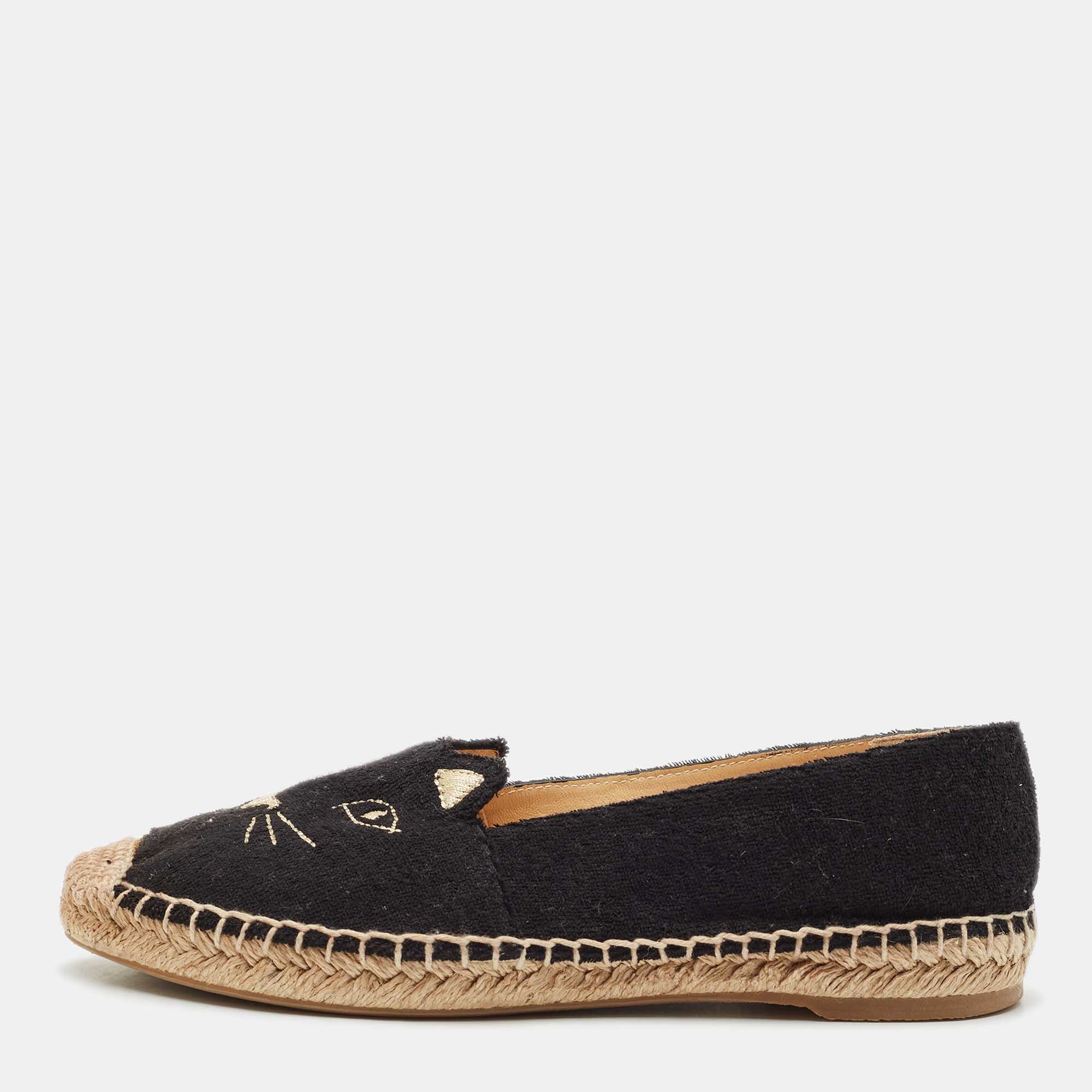 

Charlotte Olympia Black Terry Fabric Kitty Espadrille Flats Size