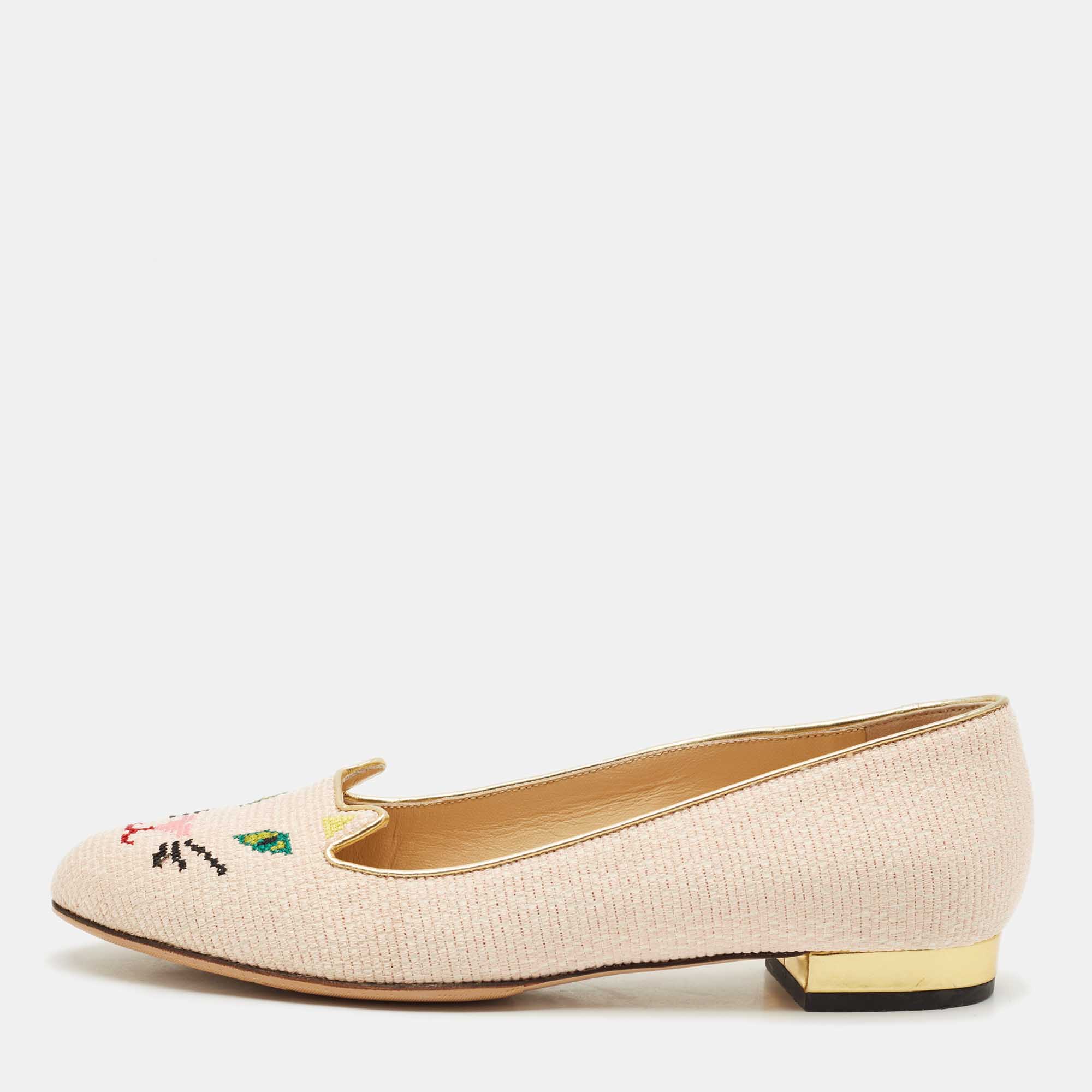 

Charlotte Olympia Pink/Gold Canvas Kitty Ballet Flats Size