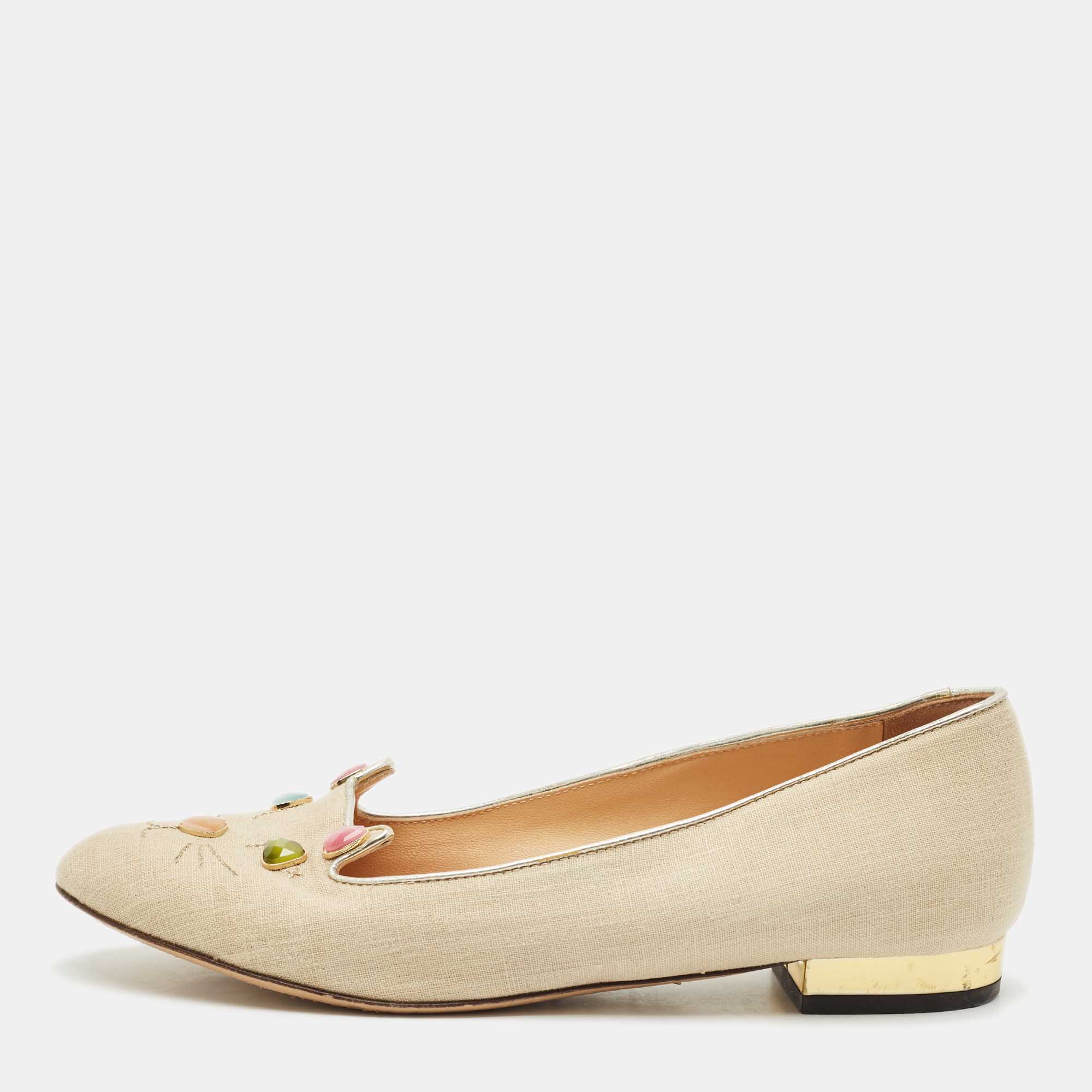 

Charlotte Olympia Light Gold Fabric Kitty Crystals Ballet Flats Size