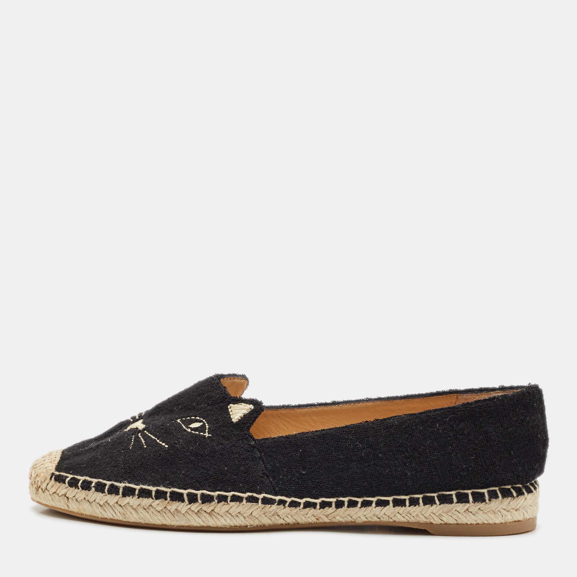 

Charlotte Olympia Black Canvas Kitty Espadrille Flats Size