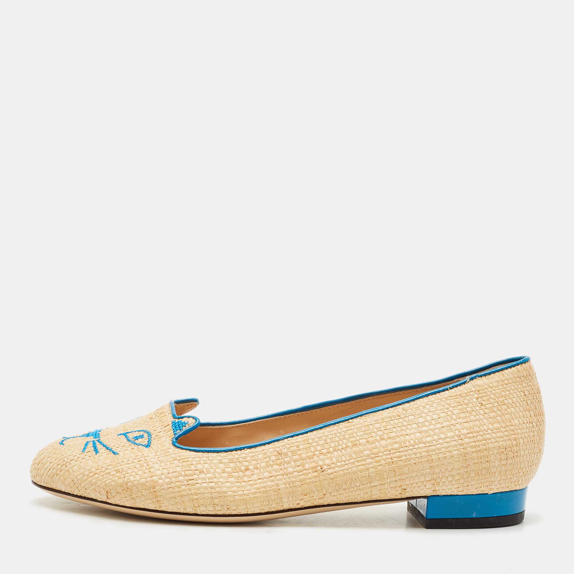 

Charlotte Olympia Cream/Blue Raffia Kitty Ballet Flats Size