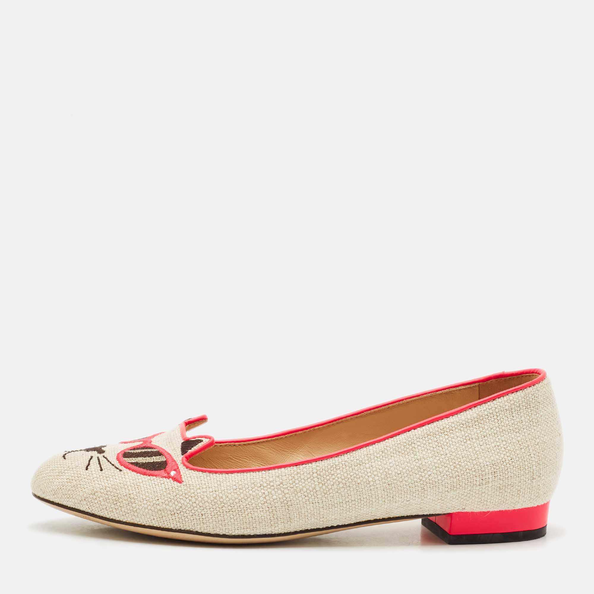 

Charlotte Olympia Beige Canvas Smoking Slippers Size