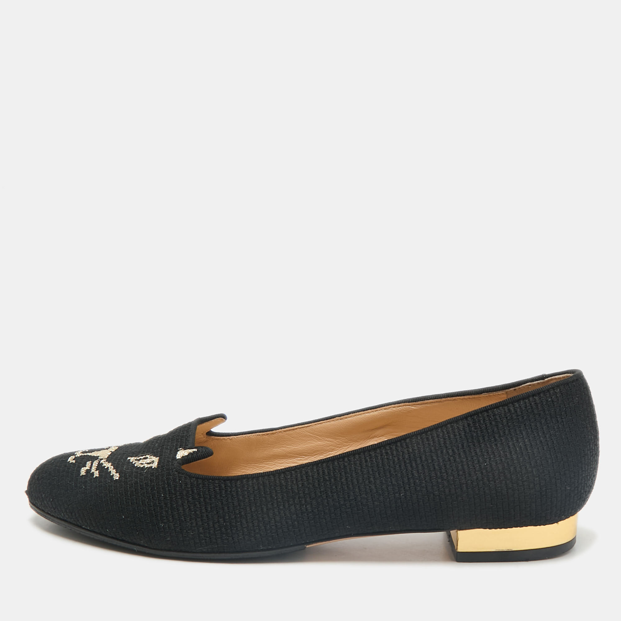 

Charlotte Olympia Black Canvas Kitty Smoking Slippers Size