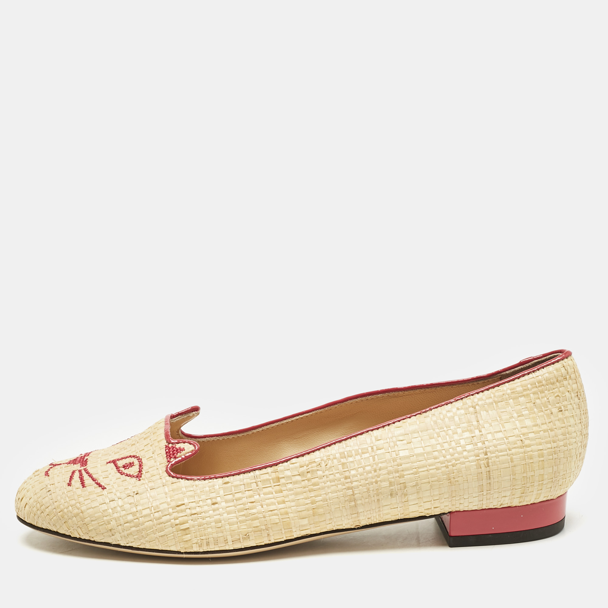 

Charlotte Olympia Beige Raffia Kitty Smoking Slippers Size