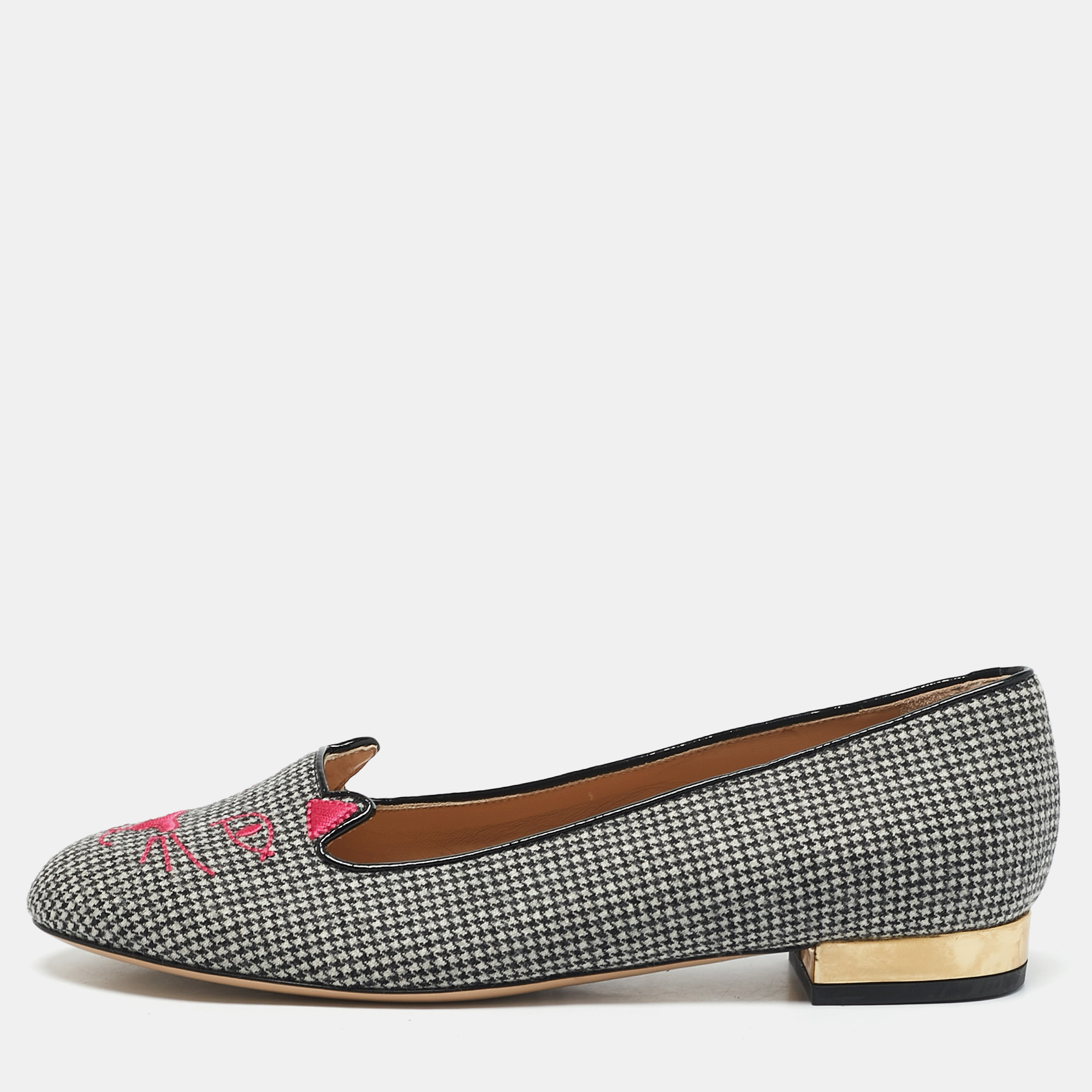 

Charlotte Olympia Grey Canvas Emoticats Smoking Slippers Size