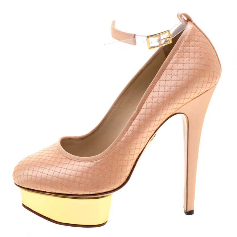 Pre-owned Charlotte Olympia Peach Quilted Satin Dolores Ankle Strap Platform Pumps Size 39 In Orange