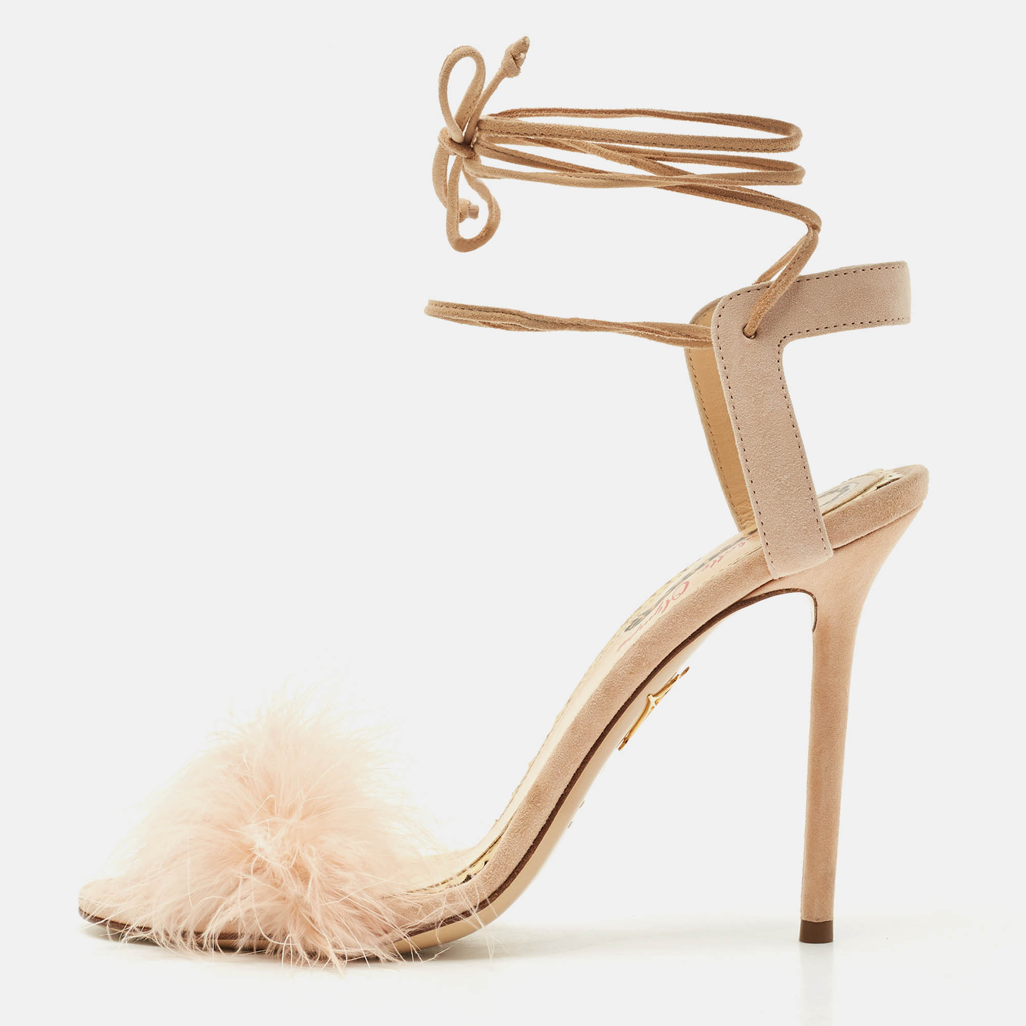 

Charlotte Olympia Peach Suede and Fur Trim Salsa Ankle Strap Sandals Size, Orange
