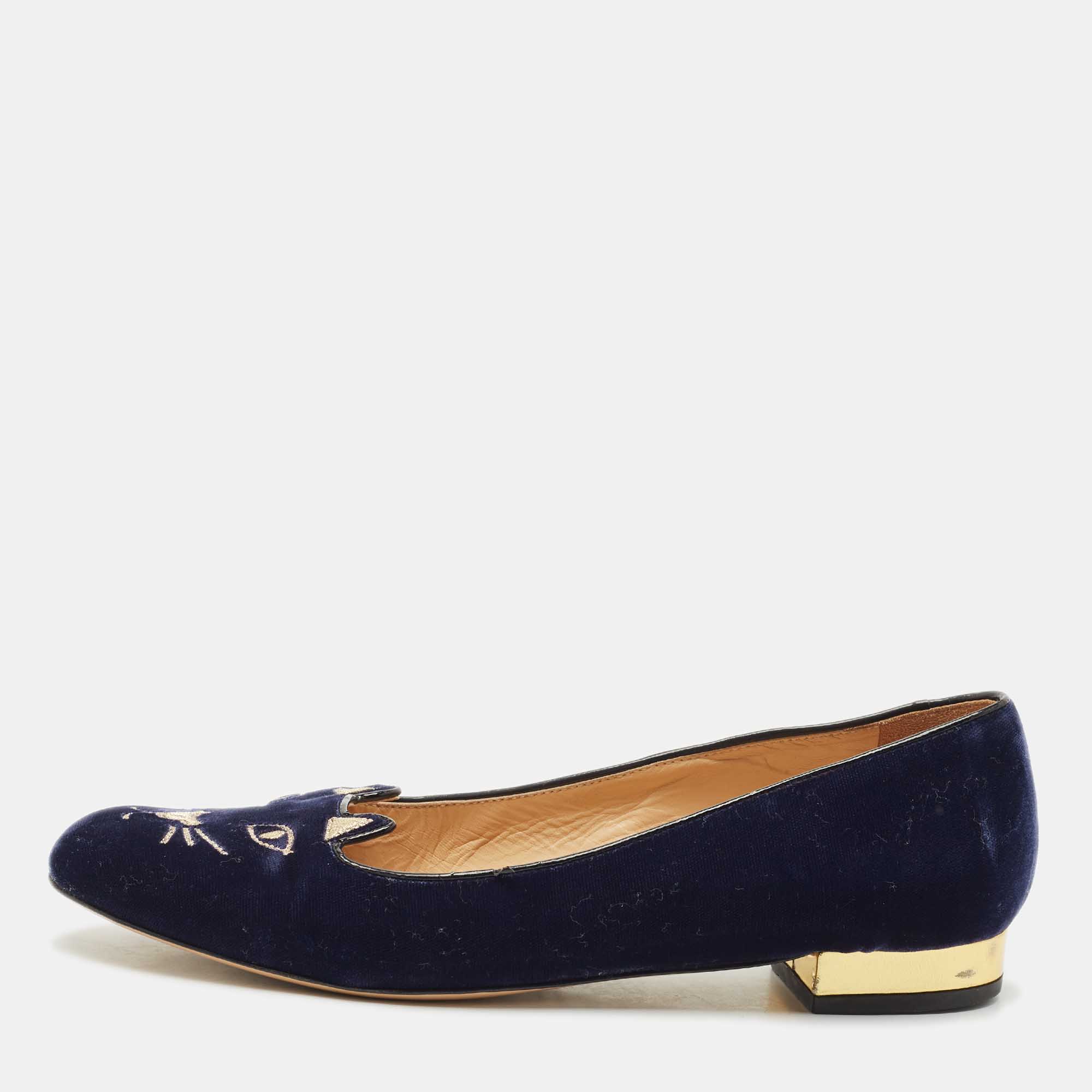 

Charlotte Olympia Navy Blue Velvet Kitty Ballet Flats Size