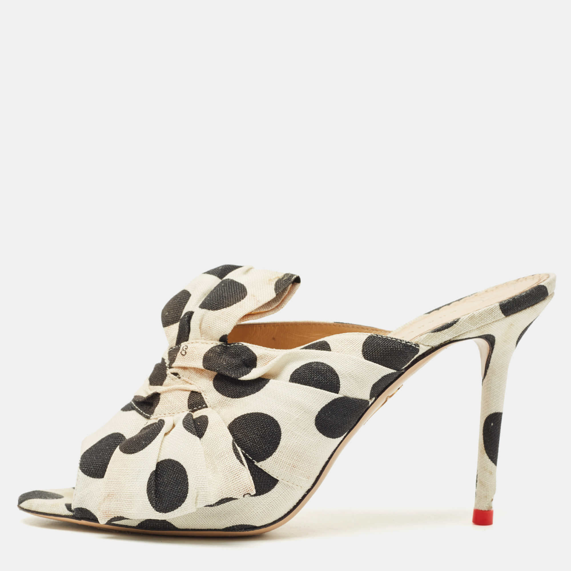 

Charlotte Olympia White/Black Polka Canvas Bow Slide Sandals Size