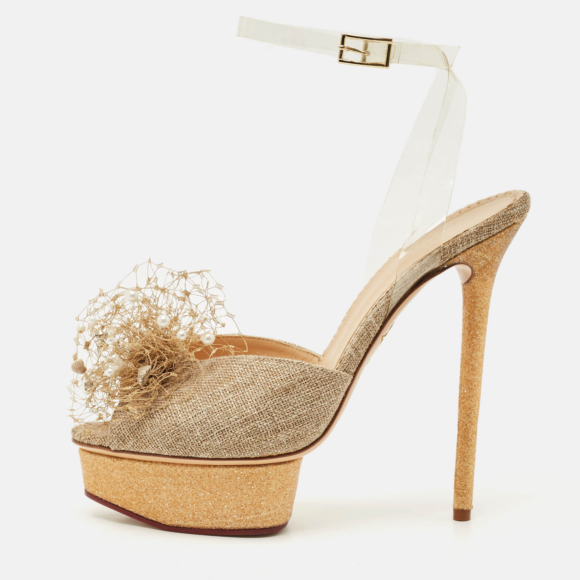 

Charlotte Olympia Gold Canvas and Glitter Embellished Ankle Strap Sandals Size