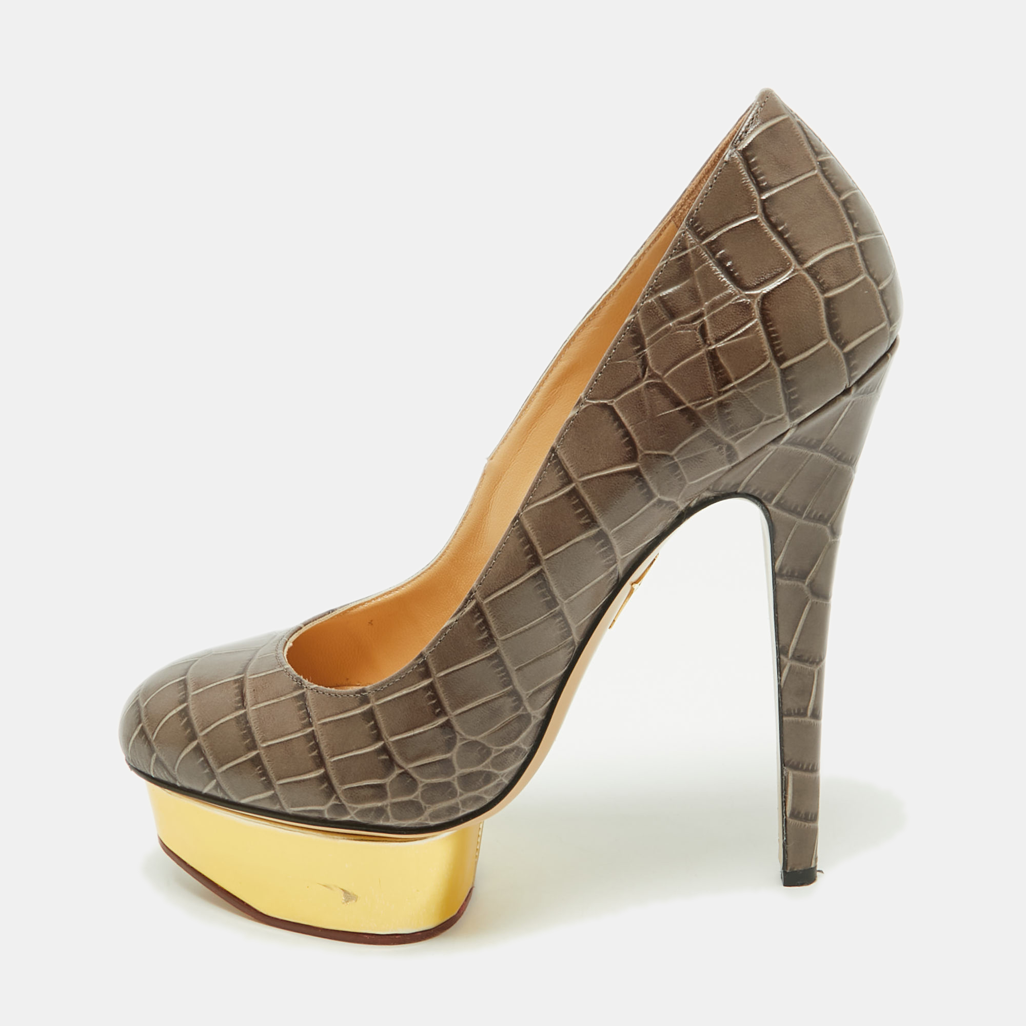 

Charlotte Olympia Grey Croc Embossed Leather Dolly Platform Pumps Size