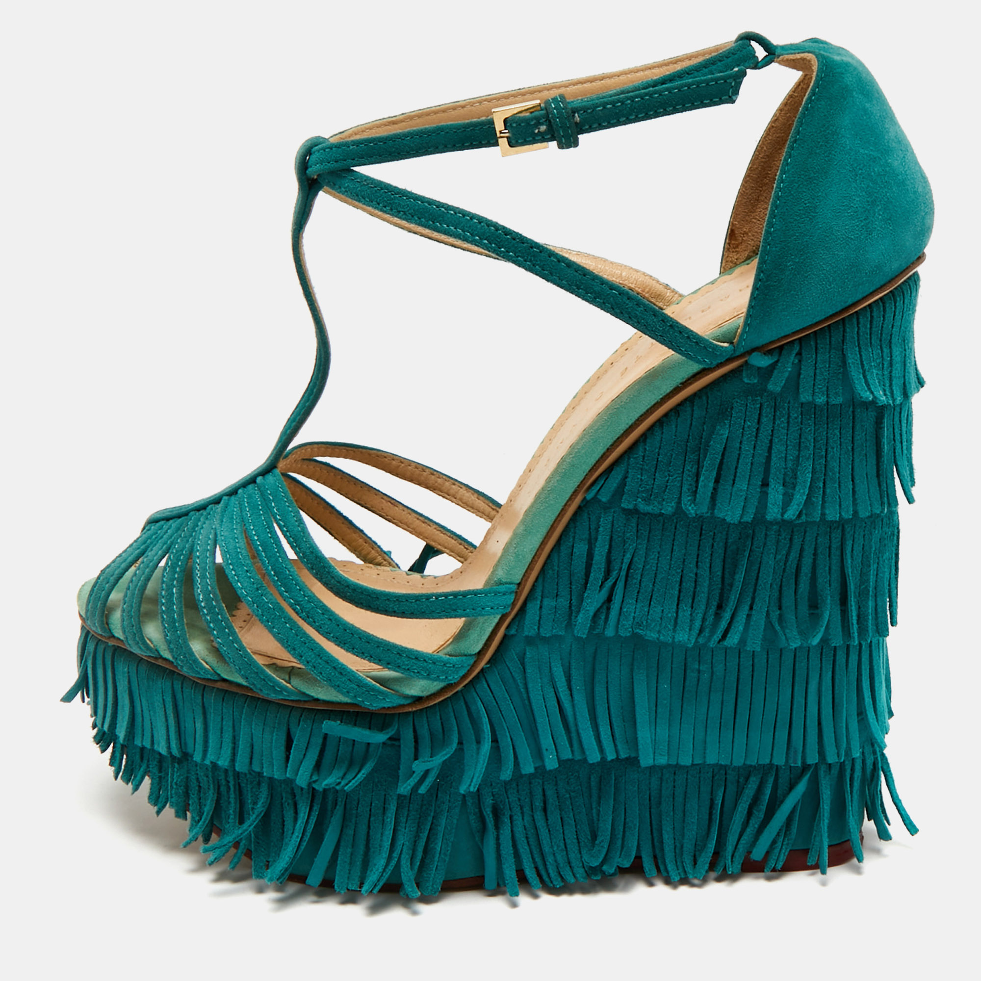 Pre-owned Charlotte Olympia Blue Suede Winona Fringe Wedge Sandals Size 39
