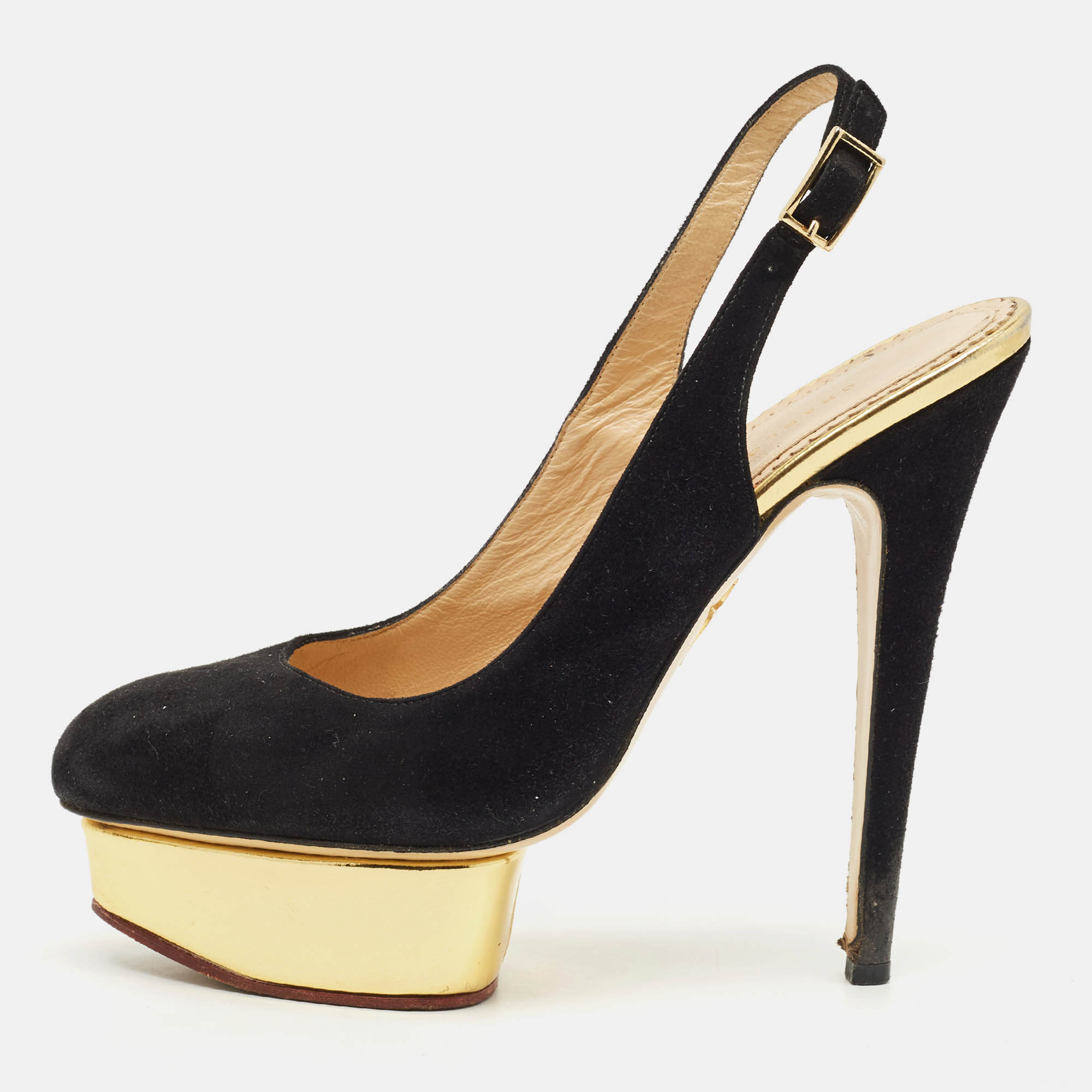 

Charlotte Olympia Black Suede Dolly Platform Slingback Pumps Size