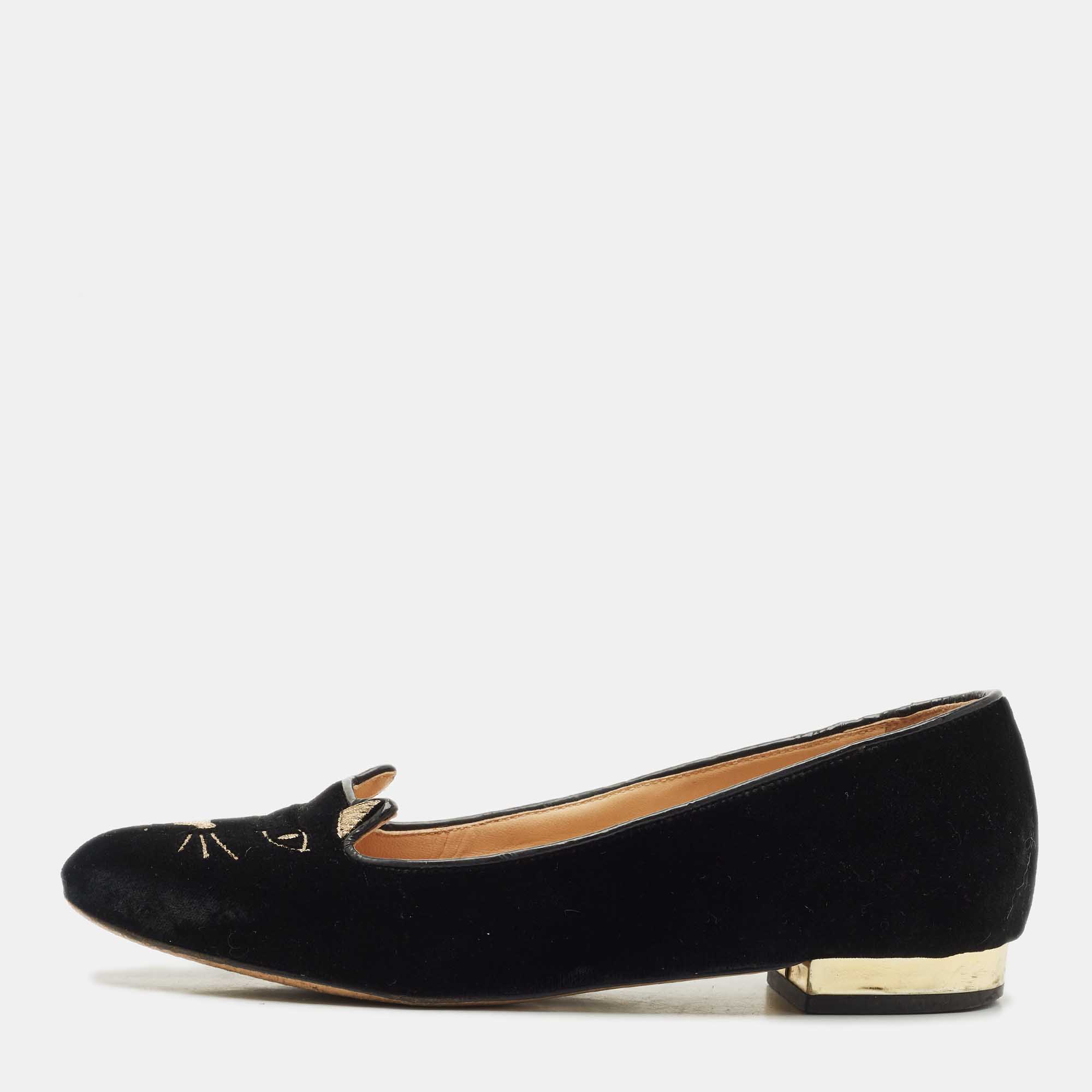 Pre-owned Charlotte Olympia Navy Blue Velvet Kitty Ballet Flats Size 36.5