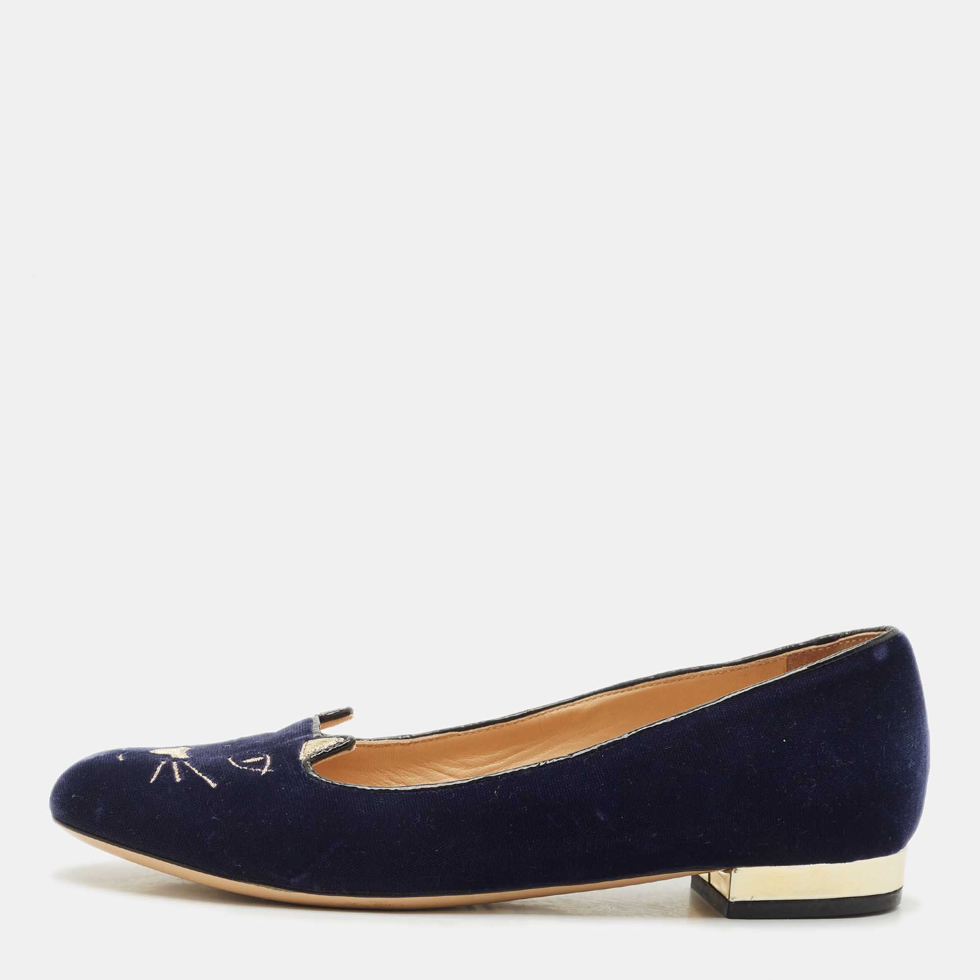 Pre-owned Charlotte Olympia Navy Blue Fabric Kitty Smoking Slippers Size 36.5