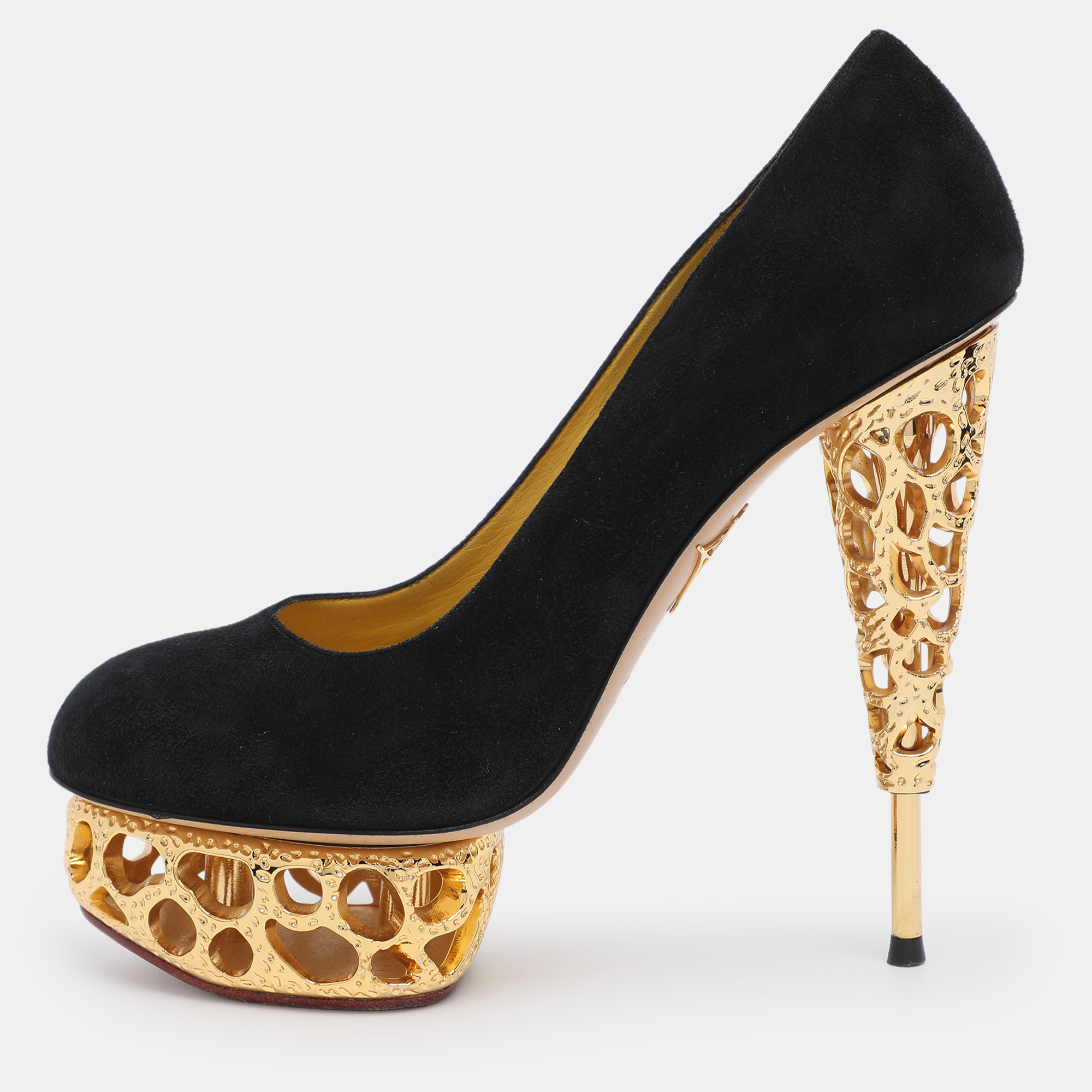 Pre-owned Charlotte Olympia Black Suede Gold Sculptured Heel Objets D'art Platform Pumps Size 37