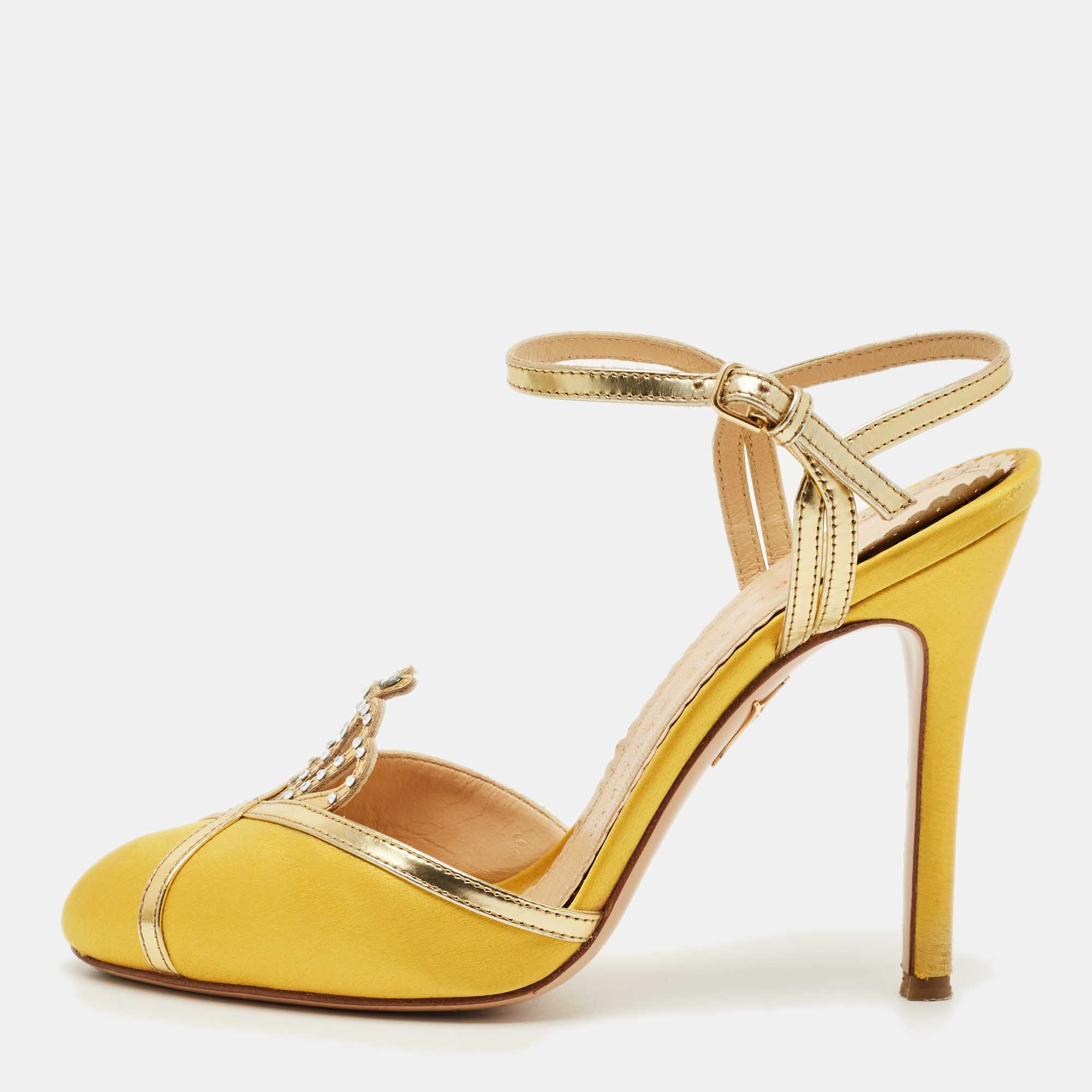 

Charlotte Olympia Yellow Leather and Satin Queenie Ankle Strap Pumps Size