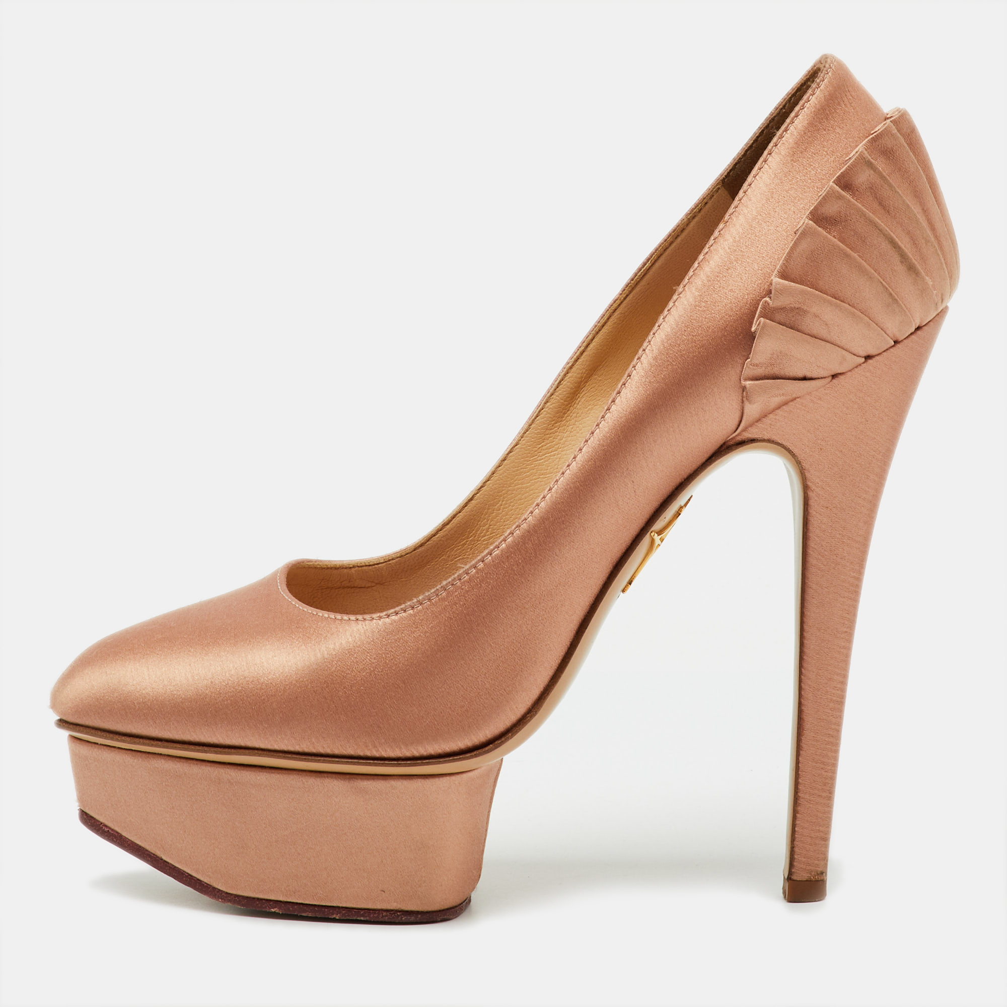 Pre-owned Charlotte Olympia Metallic Bronze Satin Paloma Fan Pleat Platform Pumps Size 35.5 In Silver