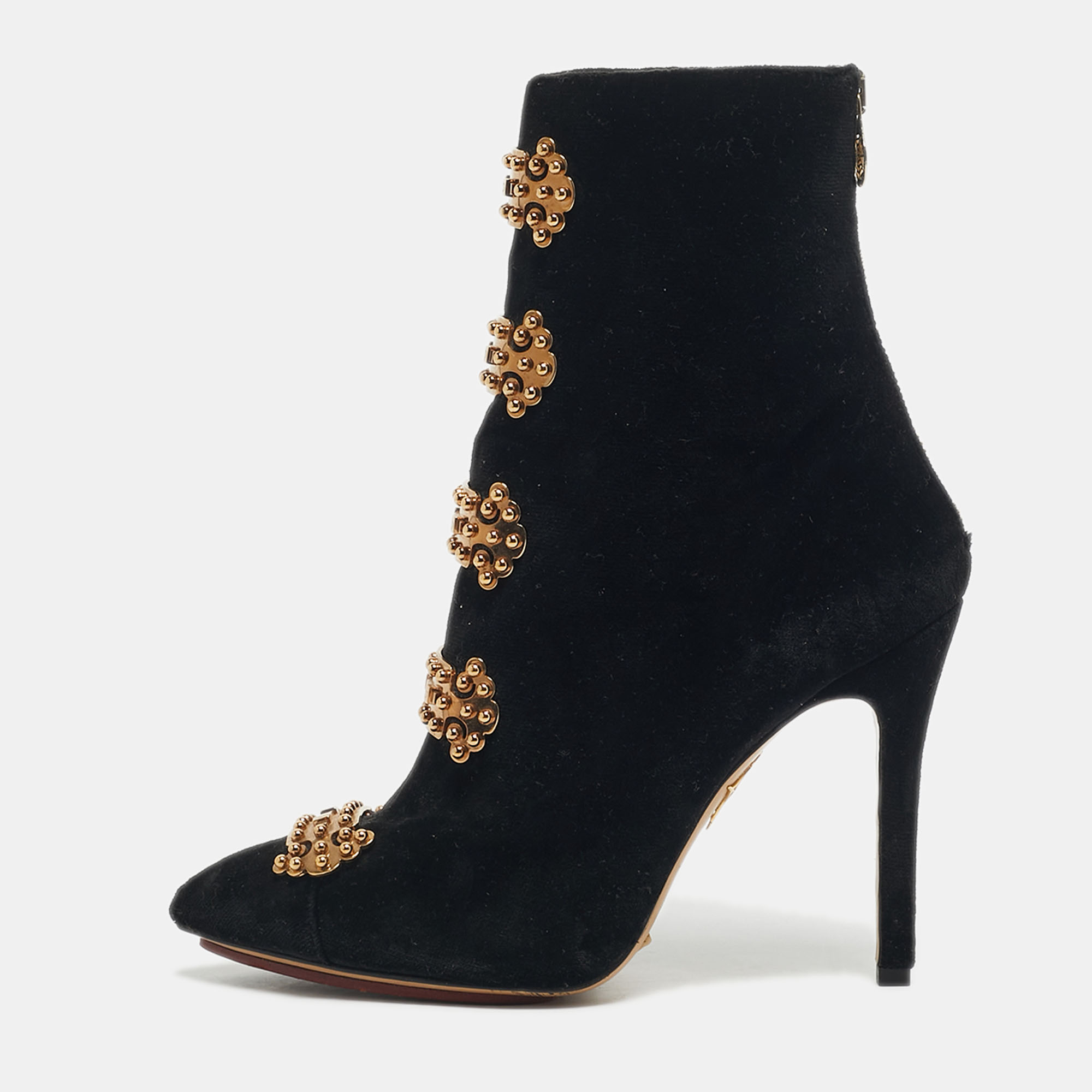 Charlotte Olympia Black Velvet Stud Embellished Ankle Length Boots Size 38
