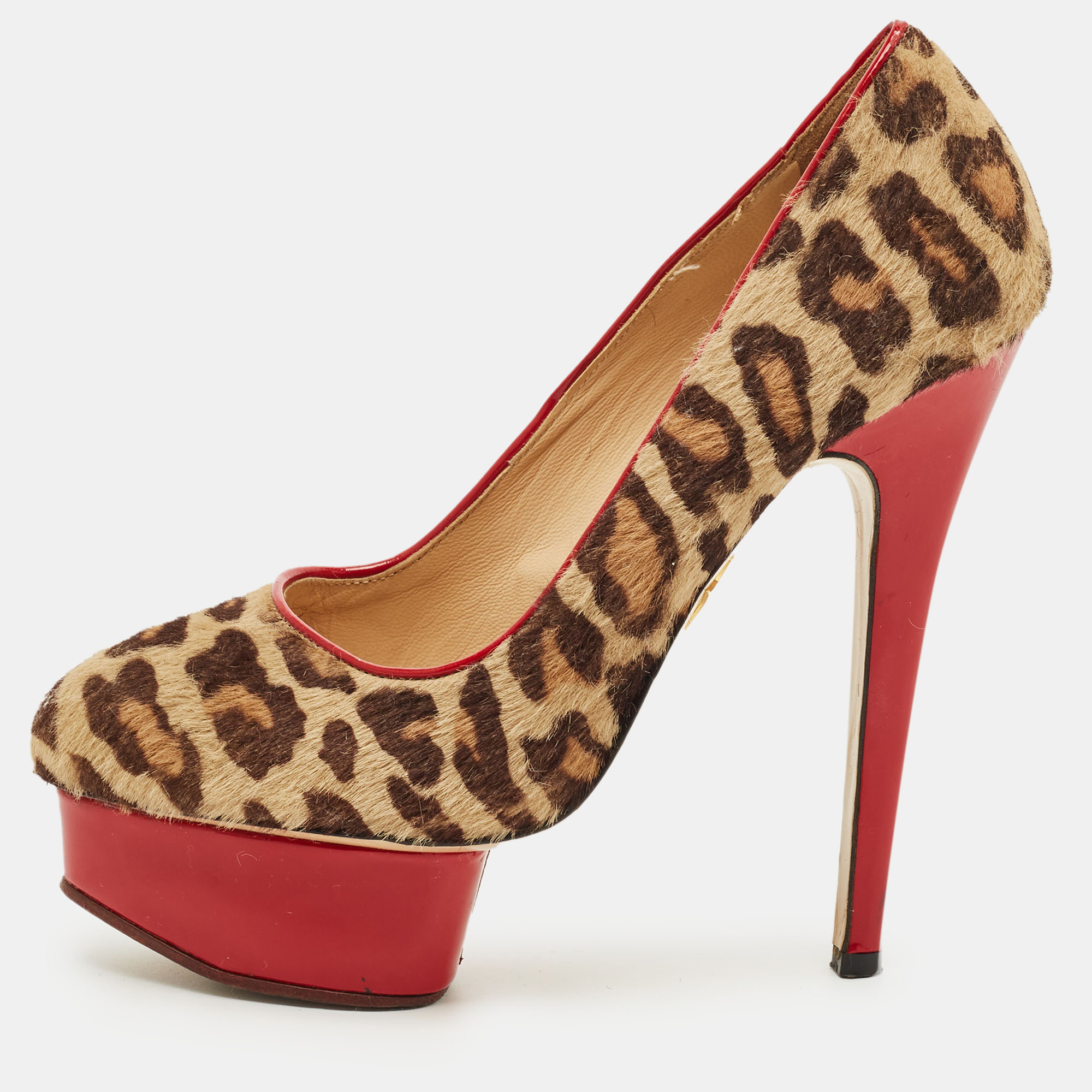 

Charlotte Olympia Beige/Brown Calf Hair Polly Platform Pumps Size