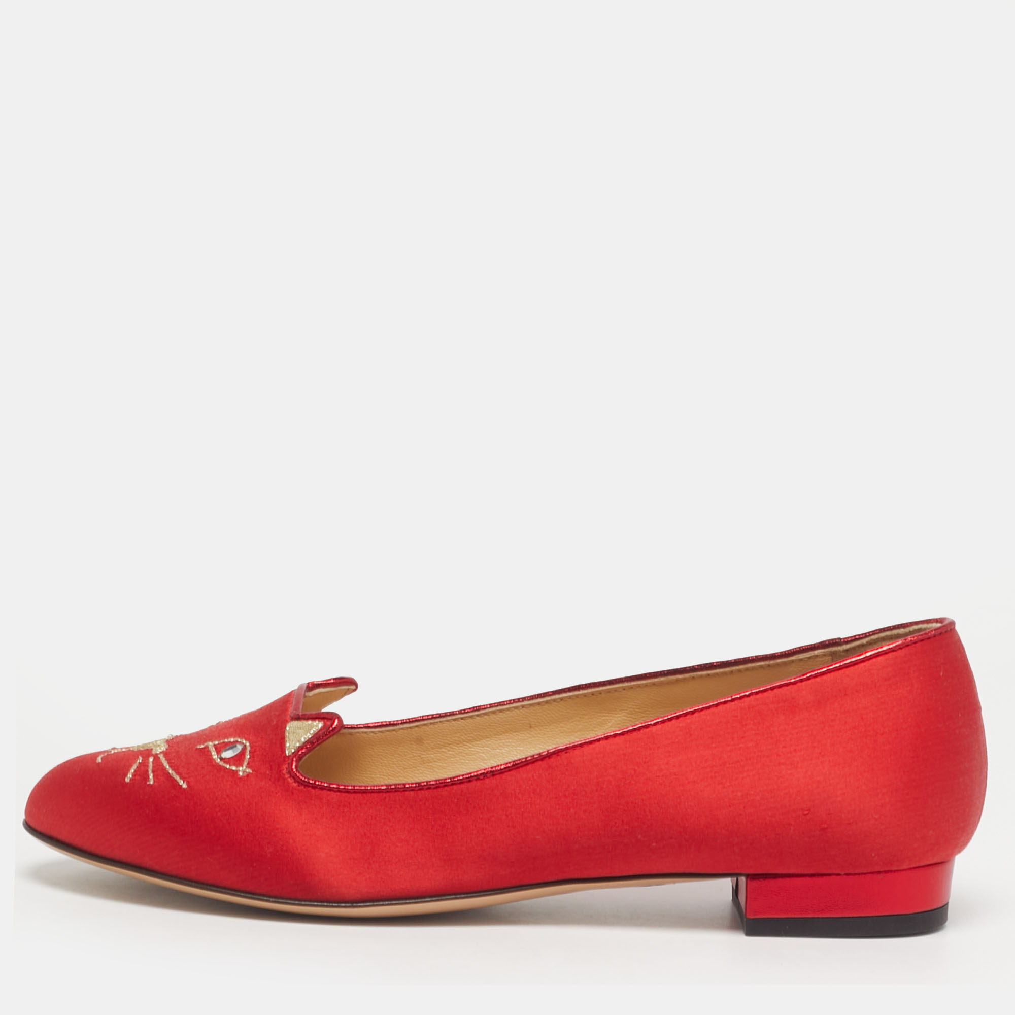 

Charlotte Olympia Red Satin Cheeky Kitty Ballet Flats Size