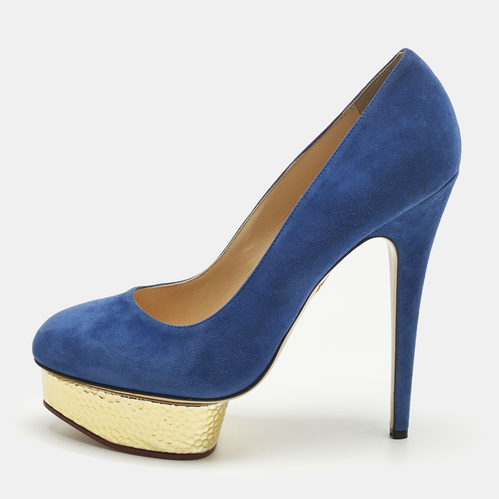 

Charlotte Olympia Blue Suede Dolly Platform Pumps Size