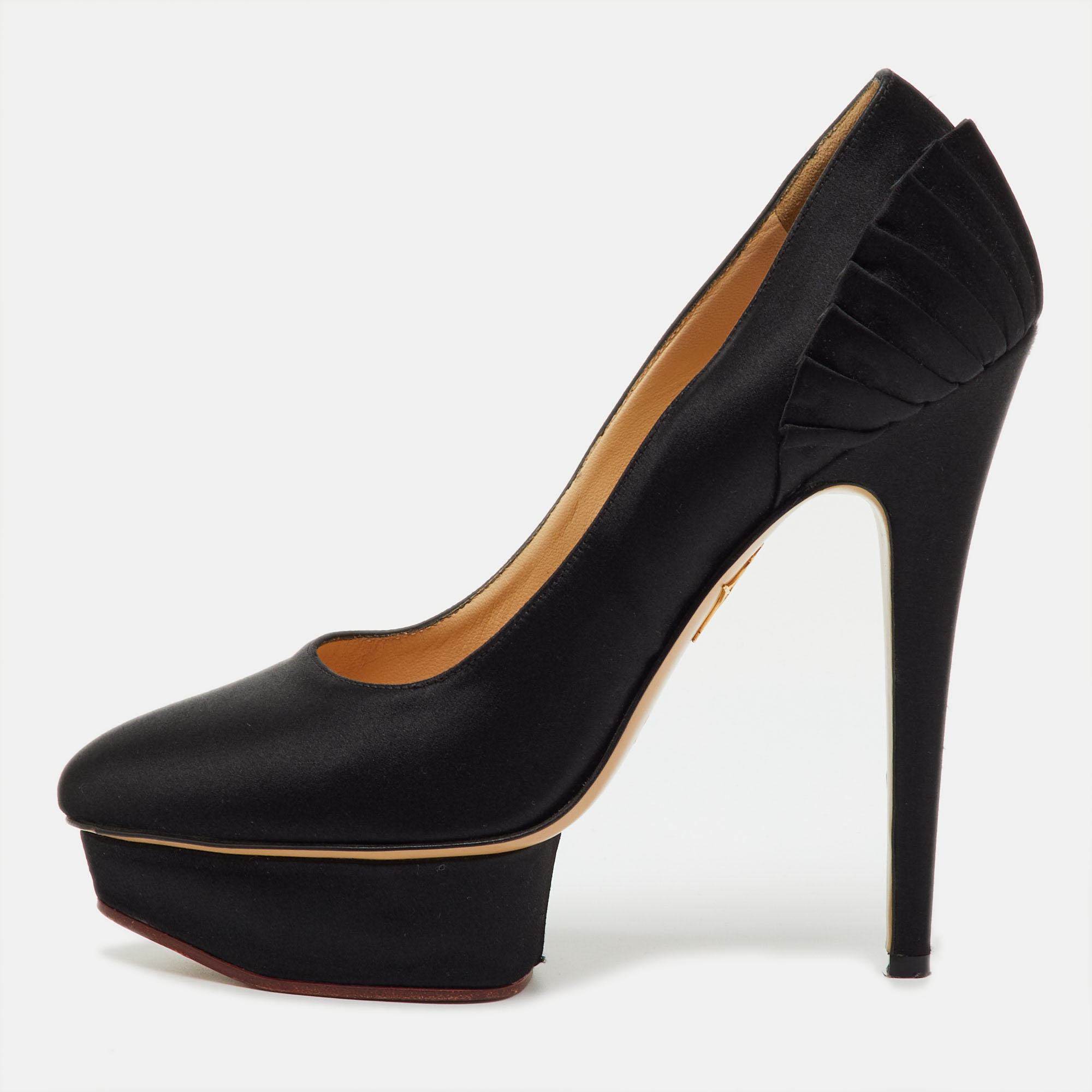 

Charlotte Olympia Black Satin Dolly Platform Pumps Size