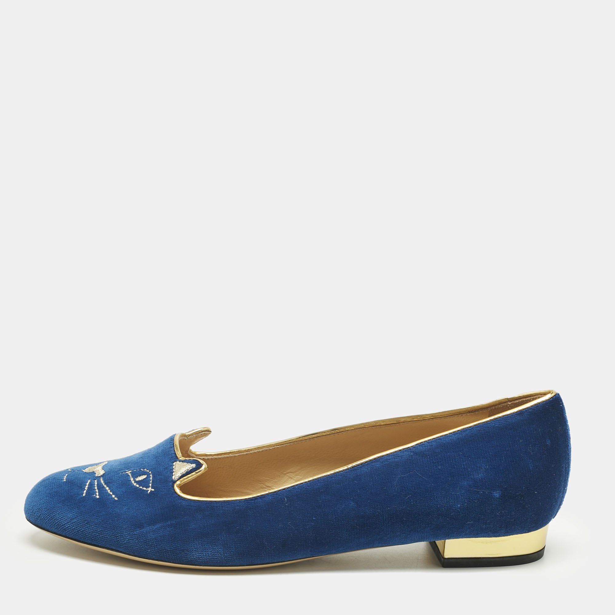 Pre-owned Charlotte Olympia Navy Blue Velvet Kitty Ballet Flats Size 40