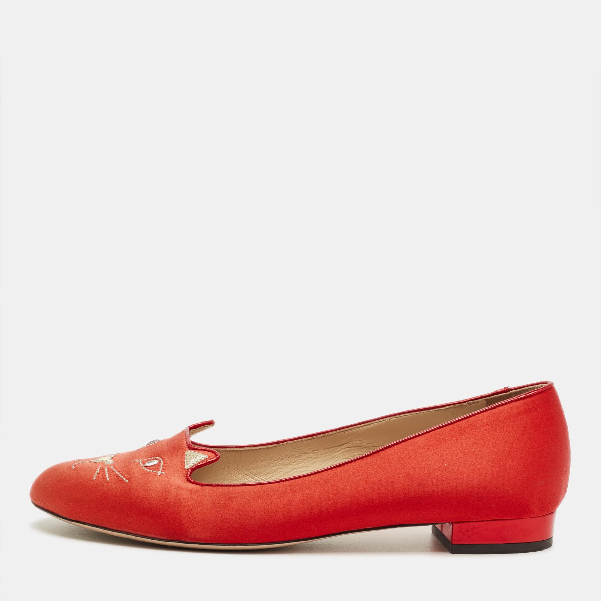 Pre-owned Charlotte Olympia Red Satin Cheeky Kitty Ballet Flats Size 40