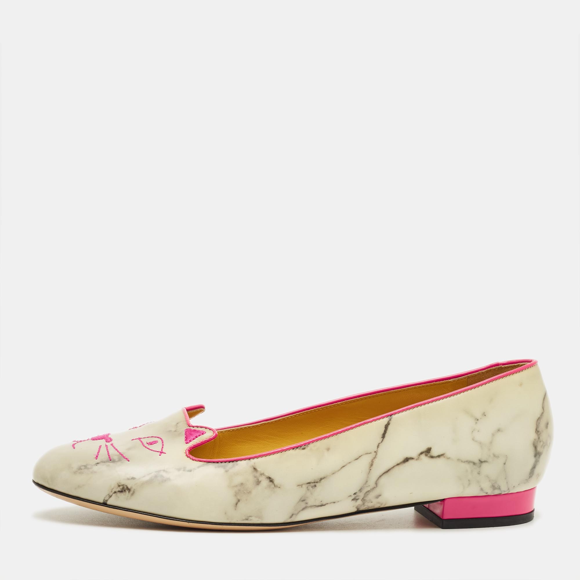

Charlotte Olympia Grey/Pink Leather Cheeky Kitty Smoking Slippers Size