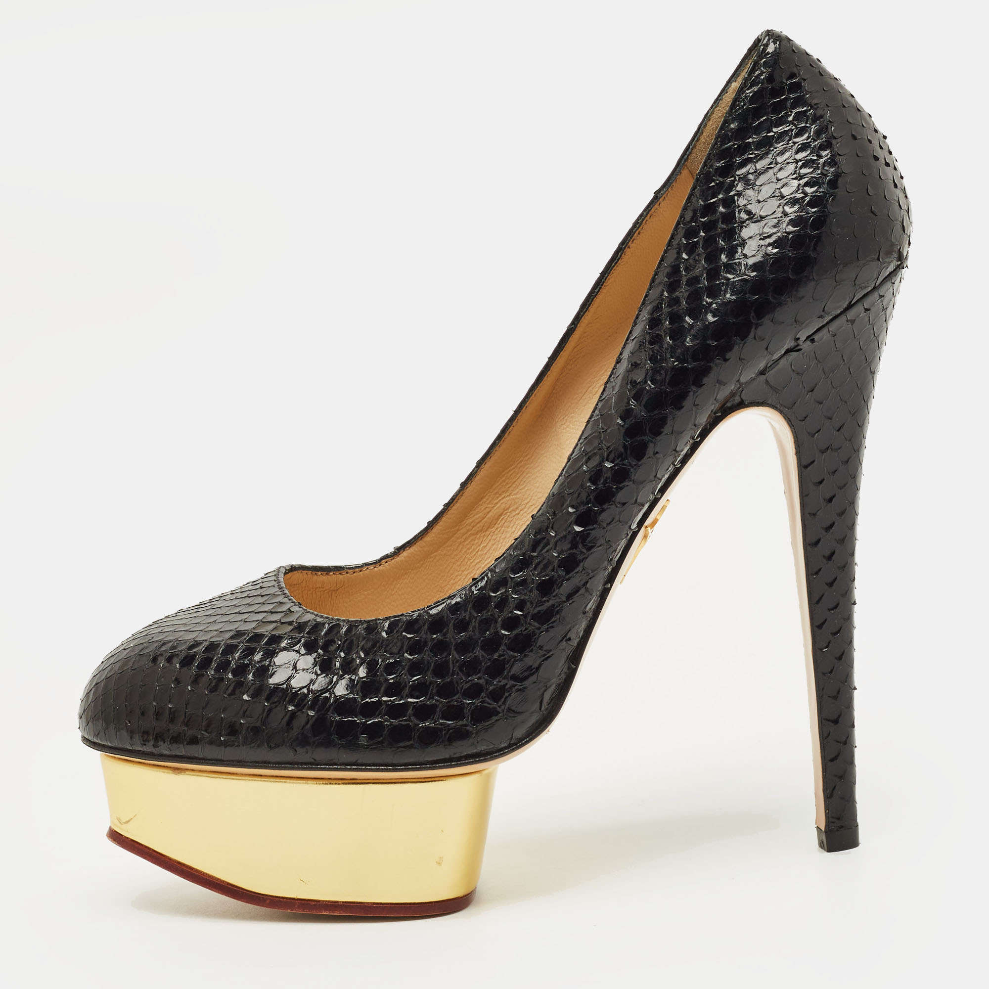 

Charlotte Olympia Dolly Size  Black/Gold Snakeskin Leather Platform Pumps