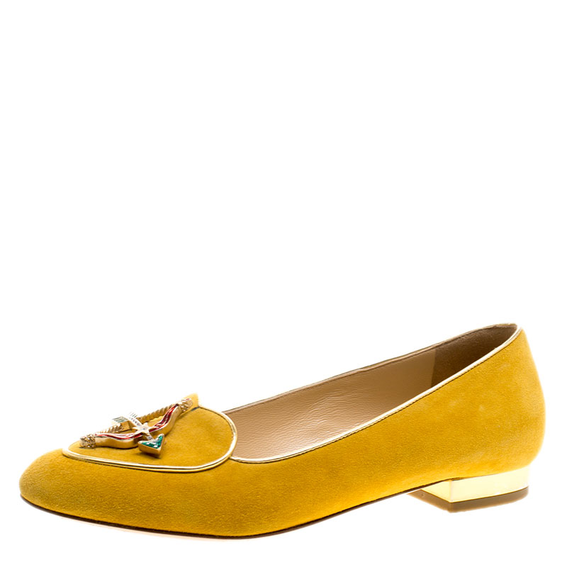 Charlotte Olympia Mustard Yellow Suede Sagittarius Smoking Slippers Size 36