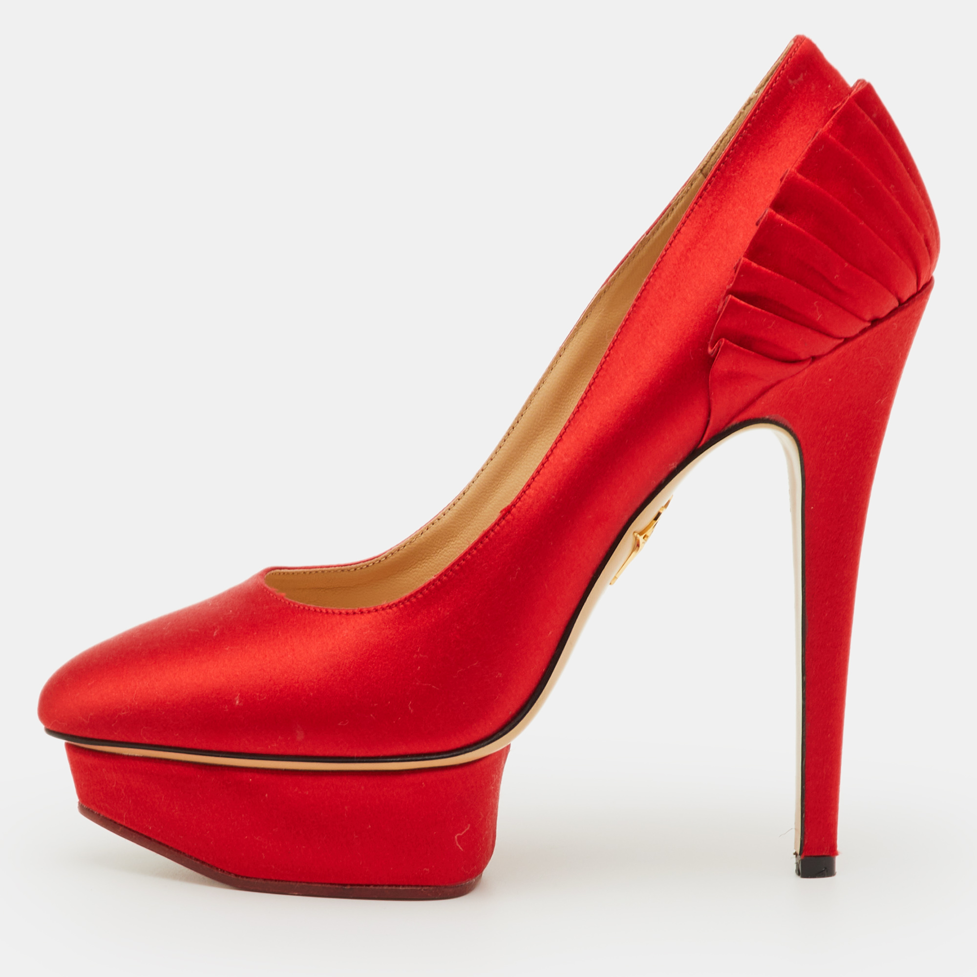 Pre-owned Charlotte Olympia Paloma Size 39 Red Satin Paloma Fan Pleat Platform Pumps