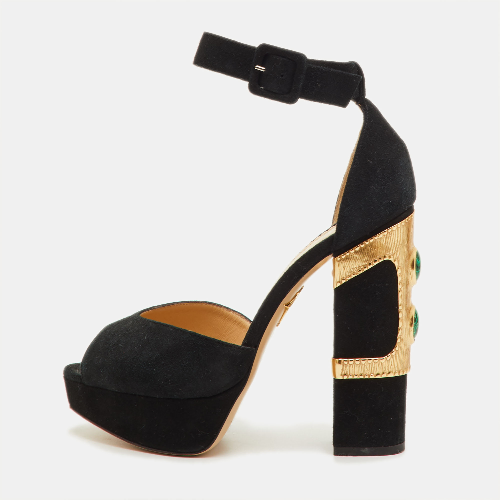 

Charlotte Olympia Size  Black Suede Embellished Ankle Strap Platform Sandals