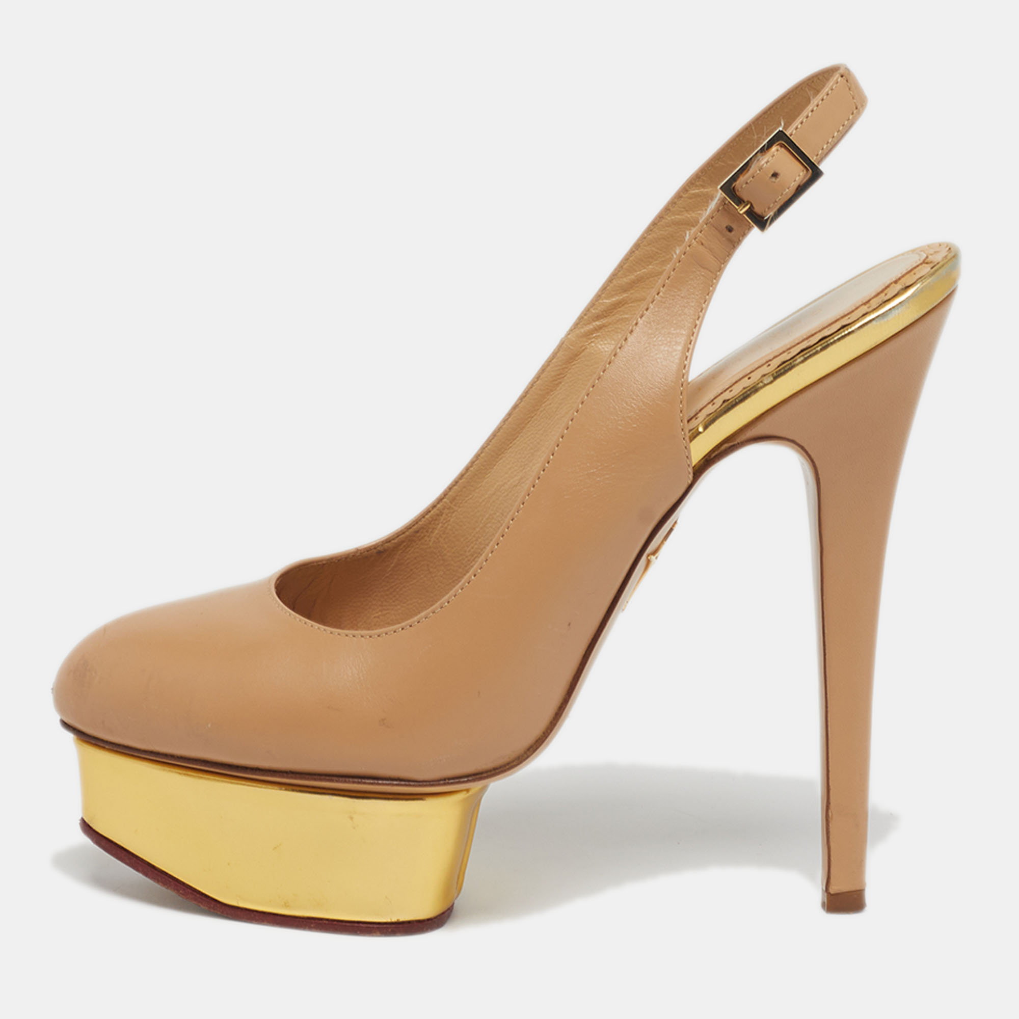 

Charlotte Olympia Dolly Size  Beige Leather Platform Slingback Pumps
