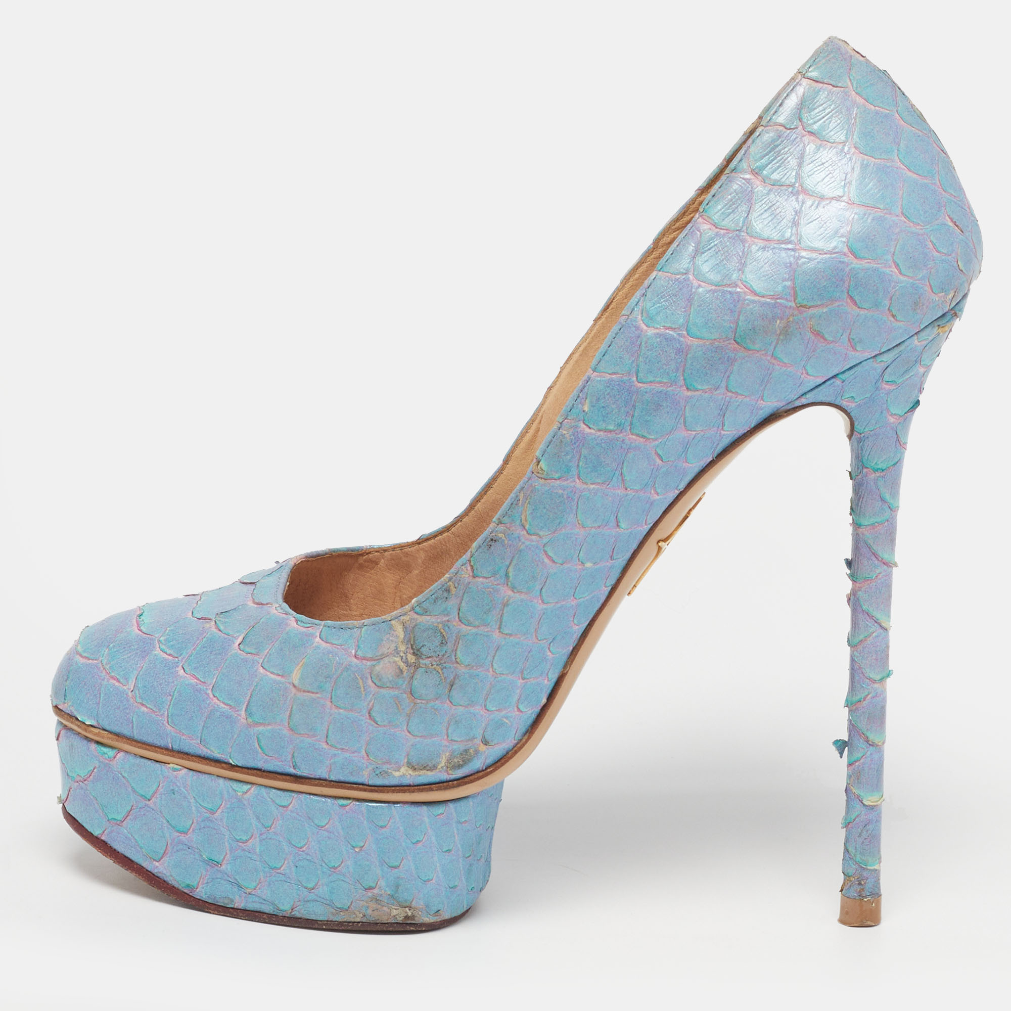 

Charlotte Olympia Dolly Size  Blue Python Platform Pumps