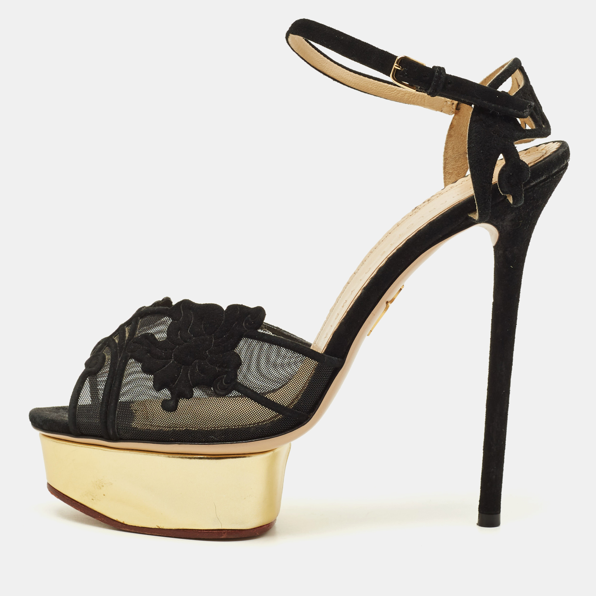 

Charlotte Olympia Octavia Size  Black Mesh and Suede Platform Ankle Strap Sandals