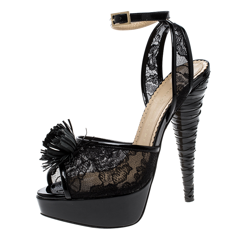 Pre Owned Charlotte Olympia Black Lace and Patent Leather Temptress Platform Sandals Size 36