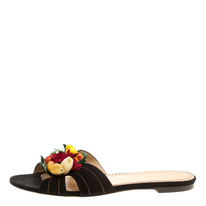 

Charlotte Olympia Black Suede Flower Embellished Flat Sandals Size