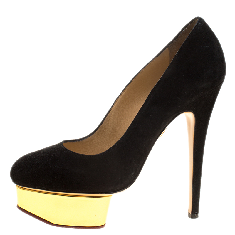 

Charlotte Olympia Black Suede Dolly Platform Pumps Size